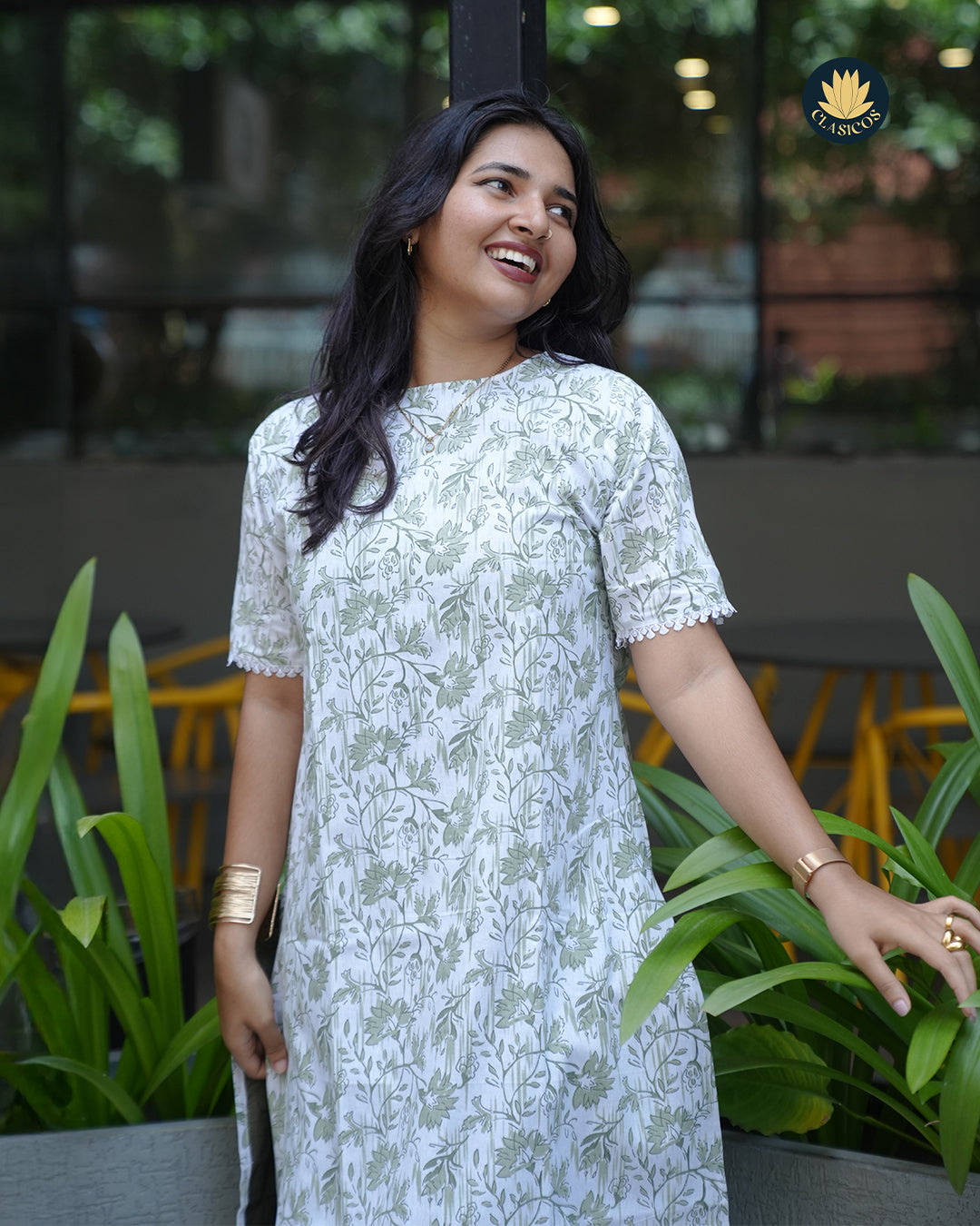 Trendy Cotton Casual with Elegant lace detailing on sleeves & Boatneck - CLS0151