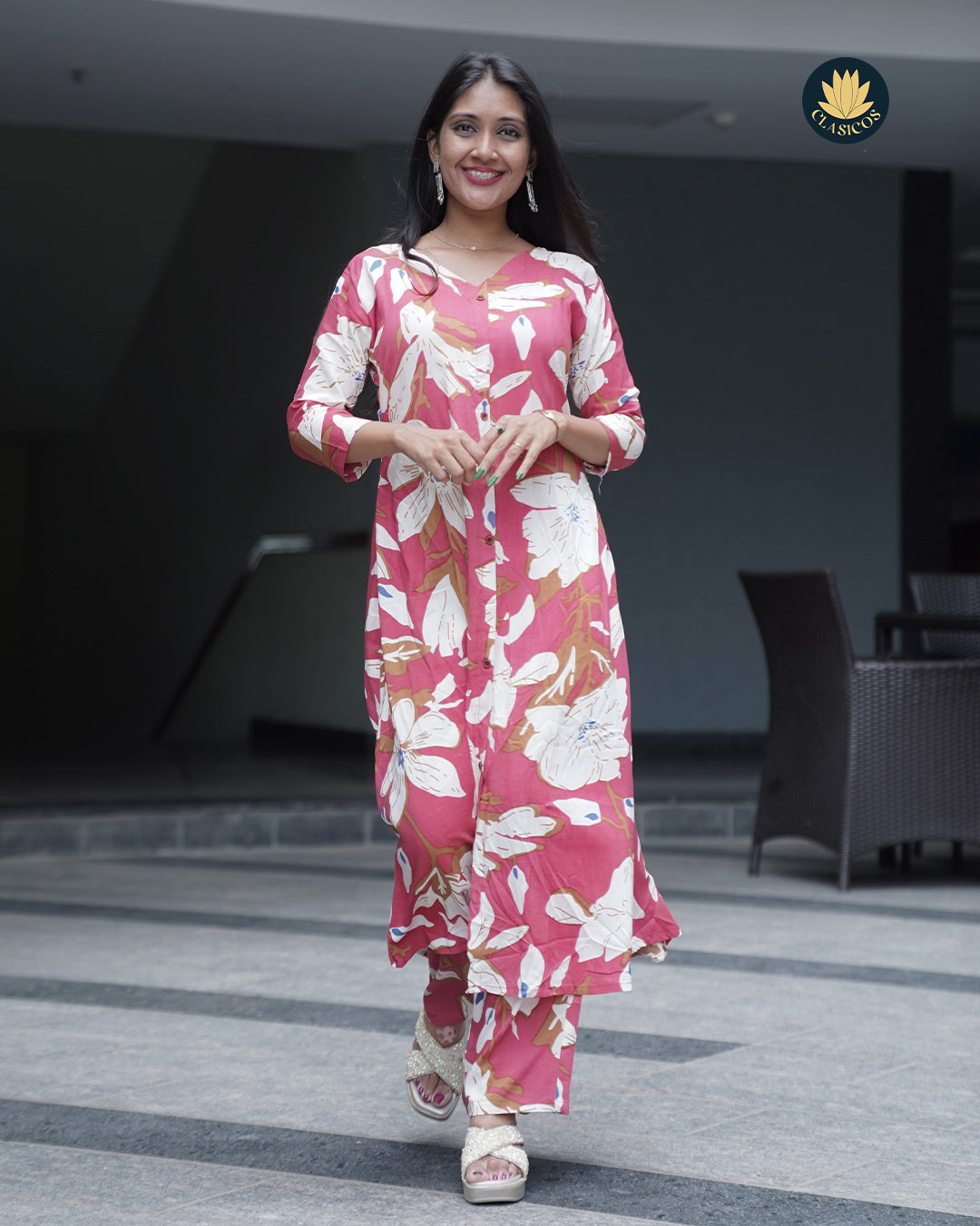 Printed Cotton A-Line Kurti with Wooden Buttons and Big Floral Print - CLS0148