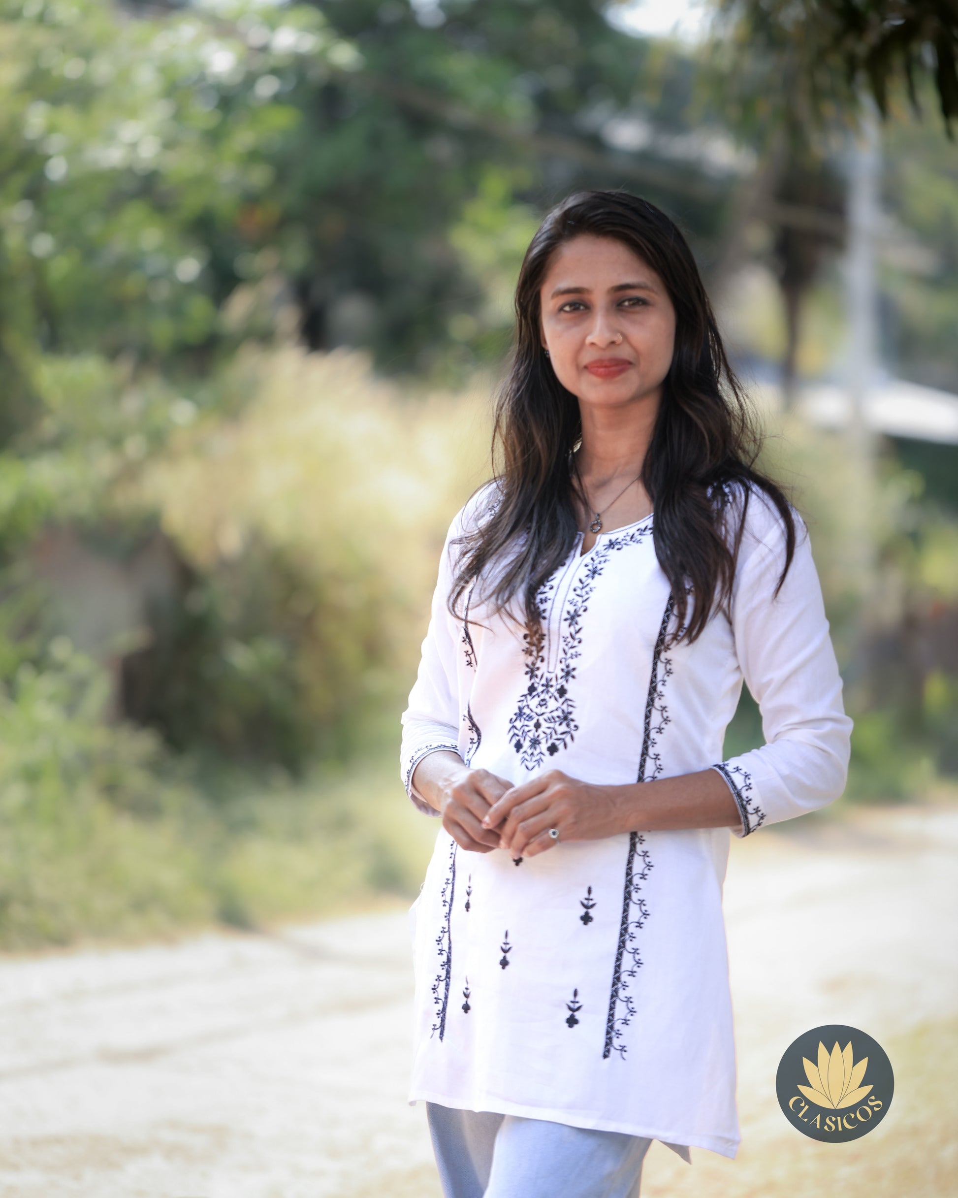 cotton embroidered Short Kurti - White - CLS0172
