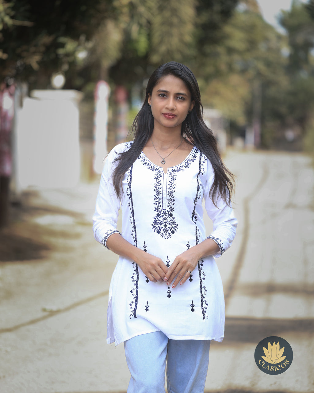 cotton embroidered Short Kurti - White - CLS0172