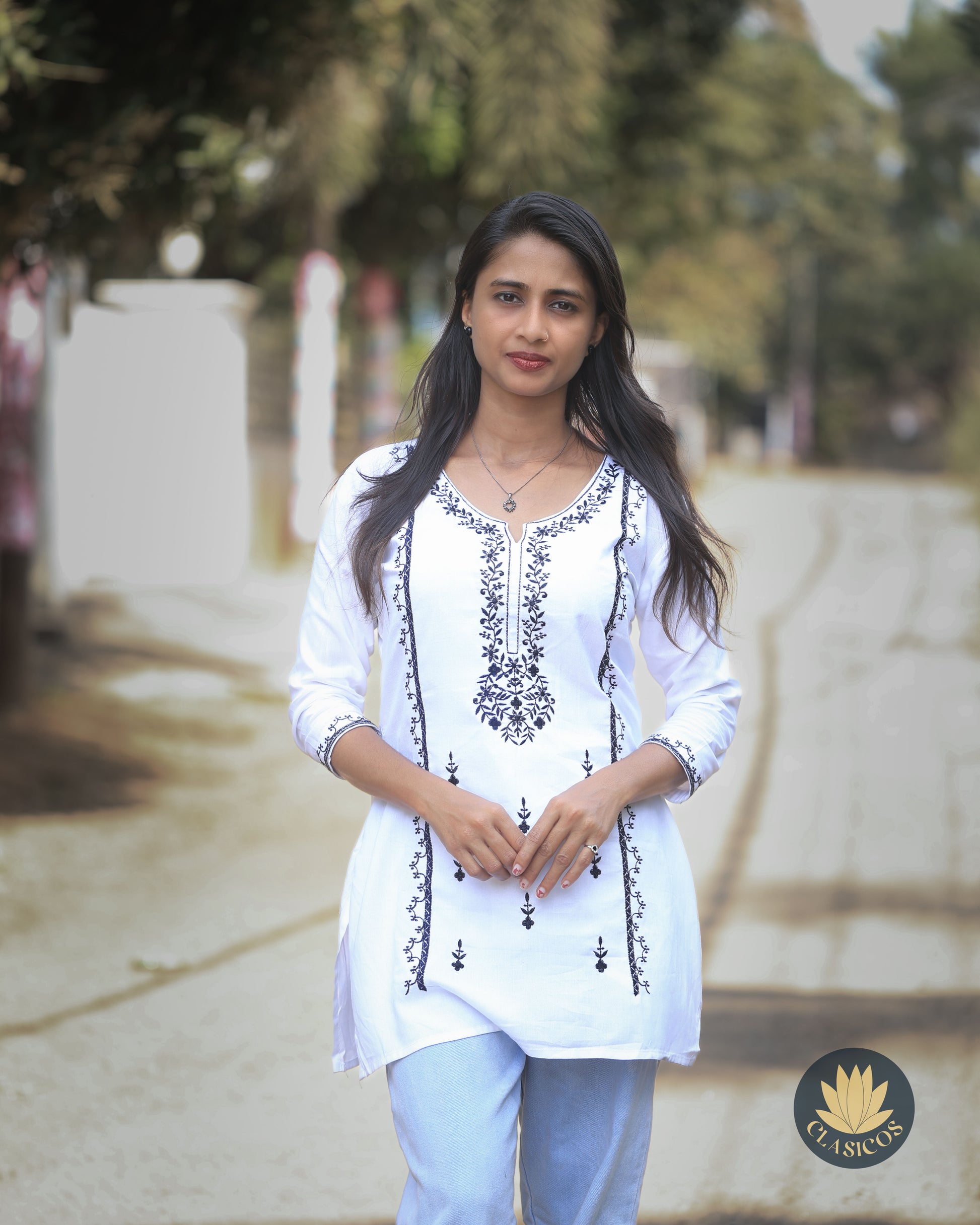 cotton embroidered Short Kurti - White - CLS0172