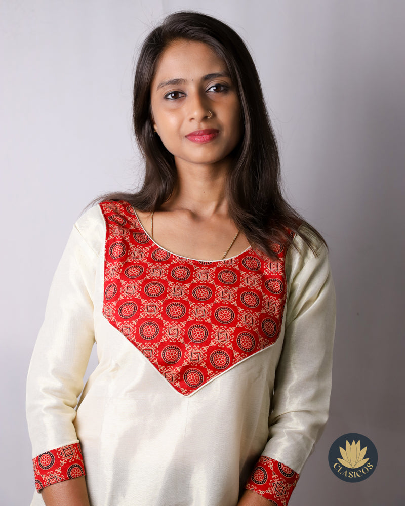 Tissue Slitted Kurti with Pure Cotton Ajrakh Patch - CLS0119