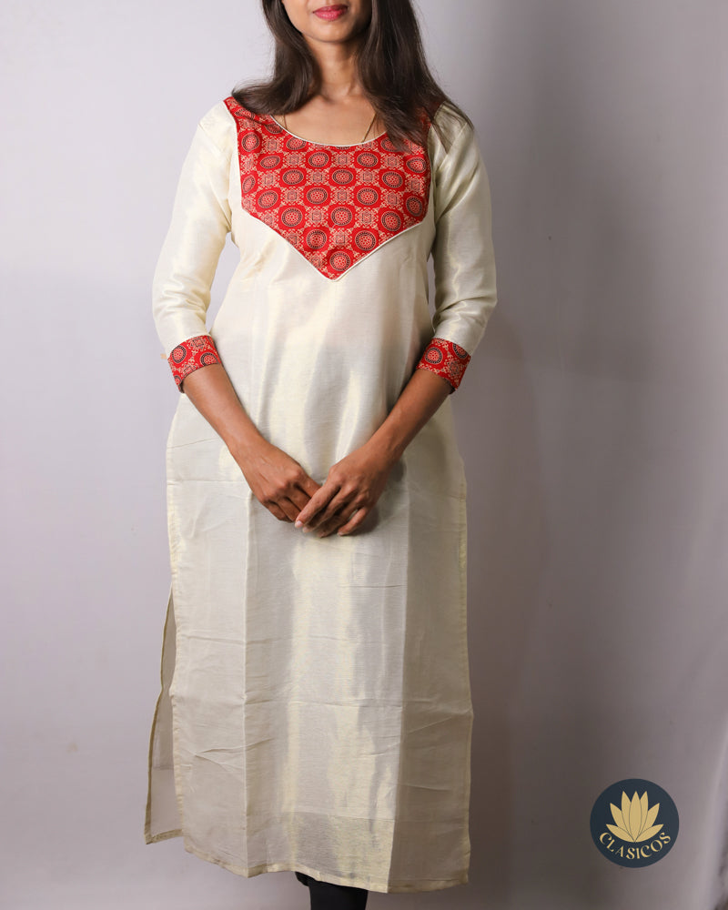 Tissue Slitted Kurti with Pure Cotton Ajrakh Patch - CLS0119