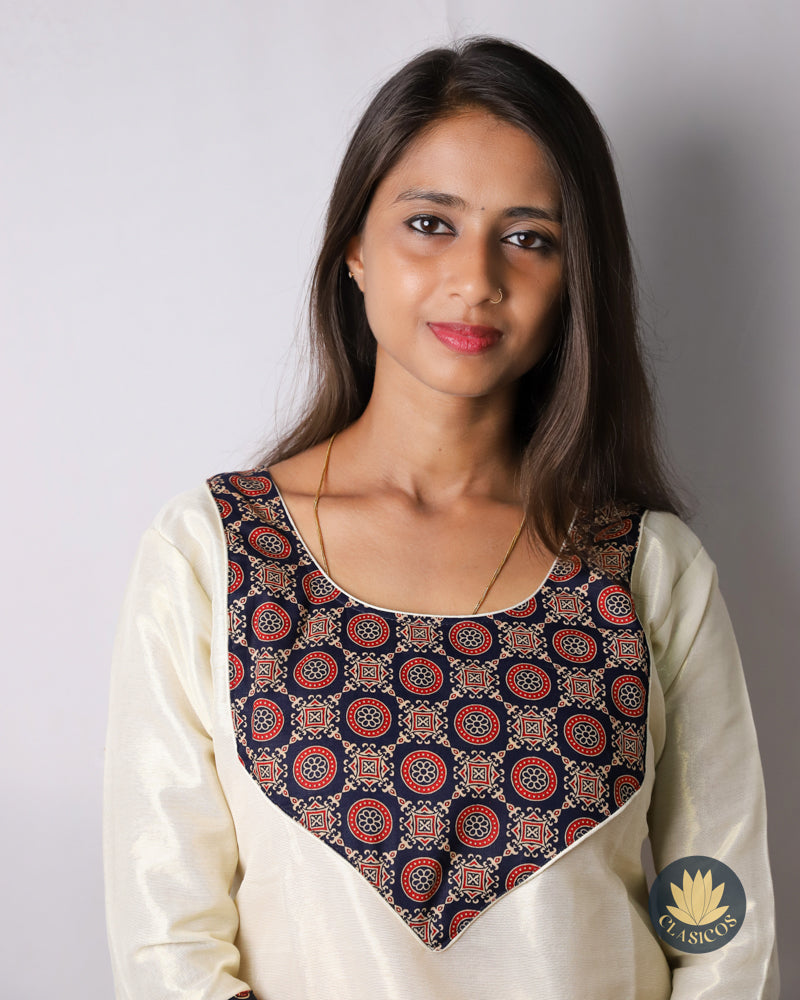 Tissue Slitted Kurti with Pure Cotton Ajrakh Patch - CLS0119
