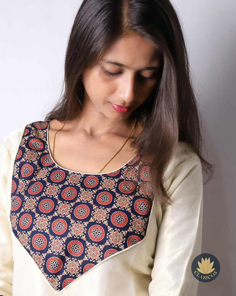 Tissue Slitted Kurti with Pure Cotton Ajrakh Patch - CLS0119