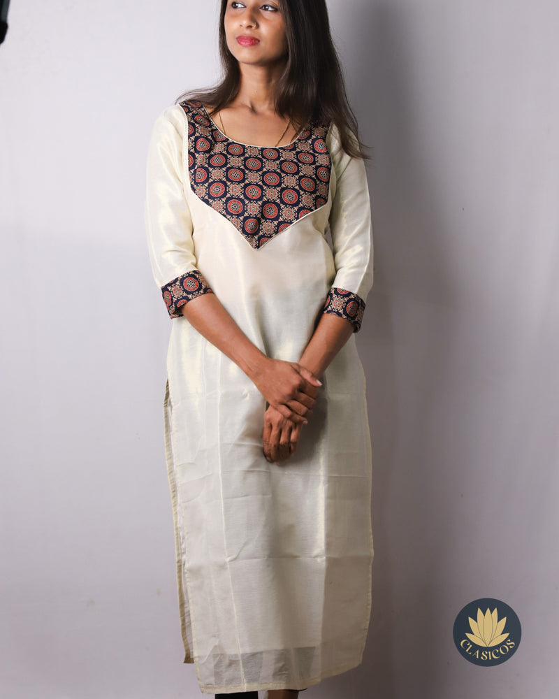 Tissue Slitted Kurti with Pure Cotton Ajrakh Patch - CLS0119