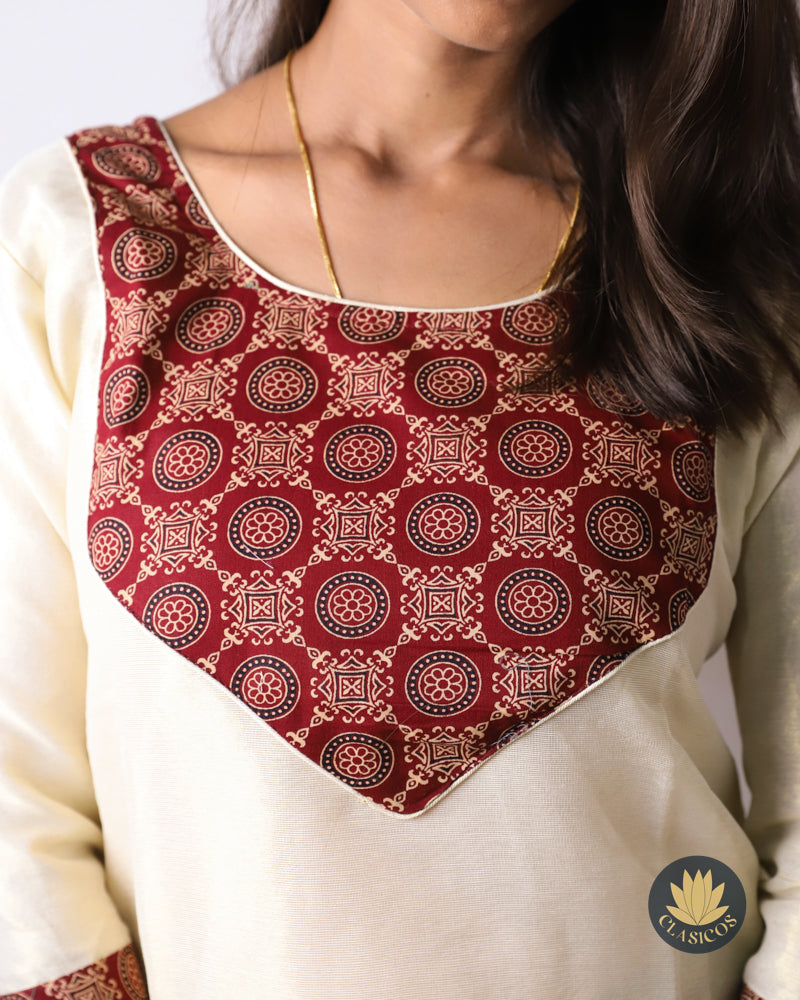 Tissue Slitted Kurti with Pure Cotton Ajrakh Patch - CLS0119