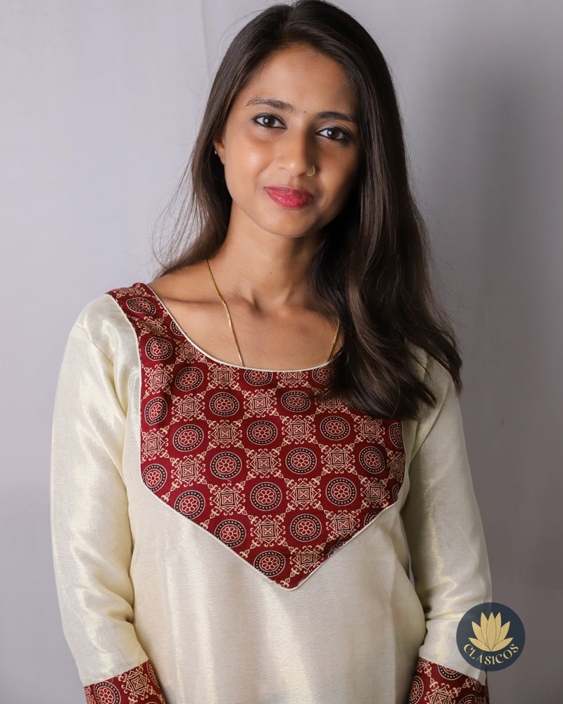 Tissue Slitted Kurti with Pure Cotton Ajrakh Patch - CLS0119
