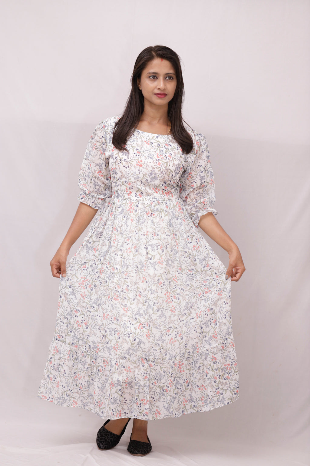 Floral Printed Geogette Dress - white green
