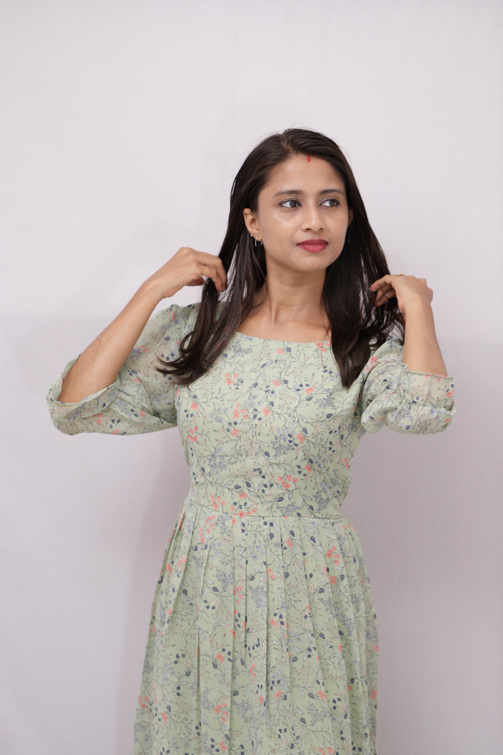 Floral Printed Geogette Dress - white green