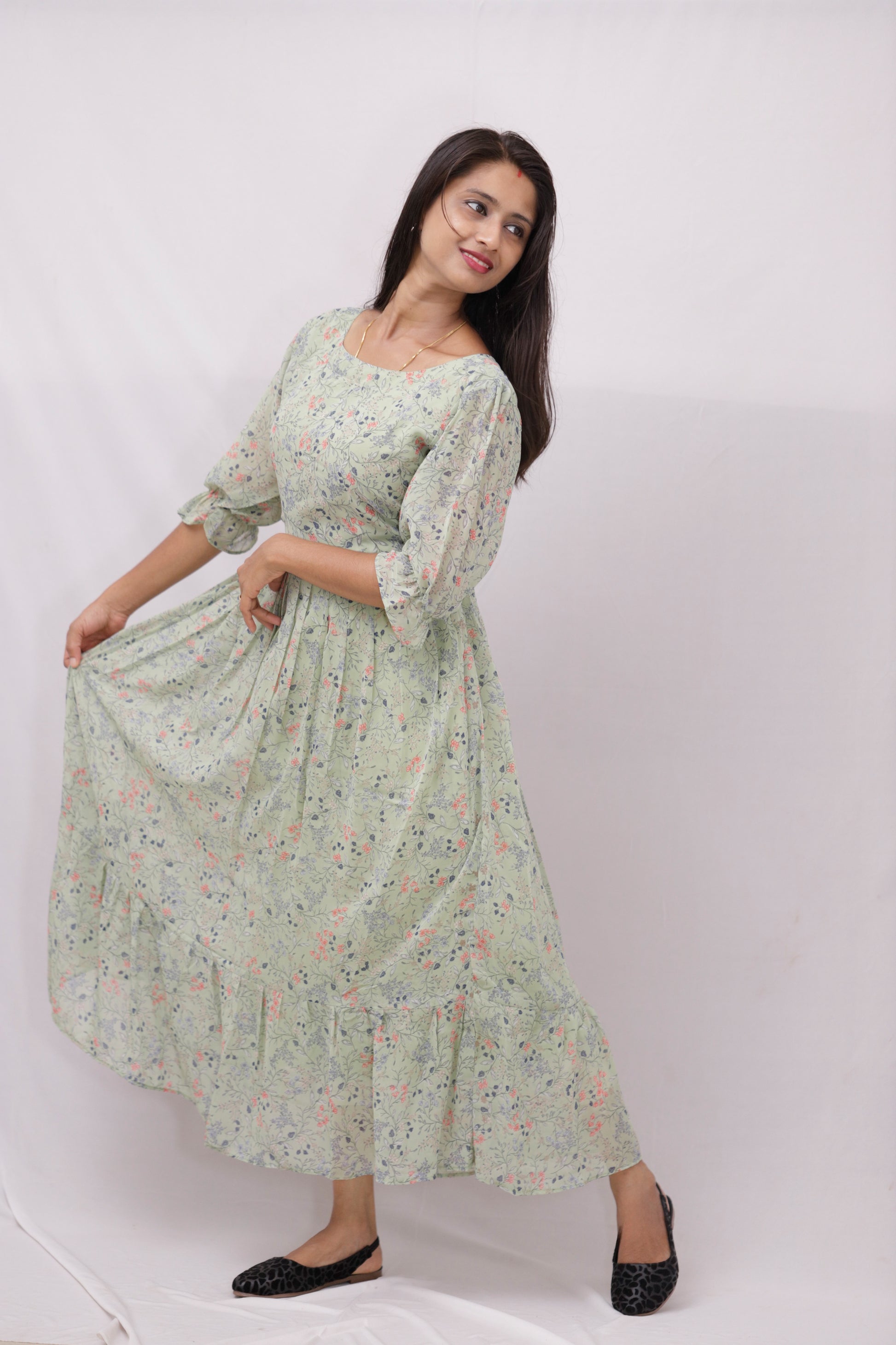 Floral Printed Geogette Dress - white green