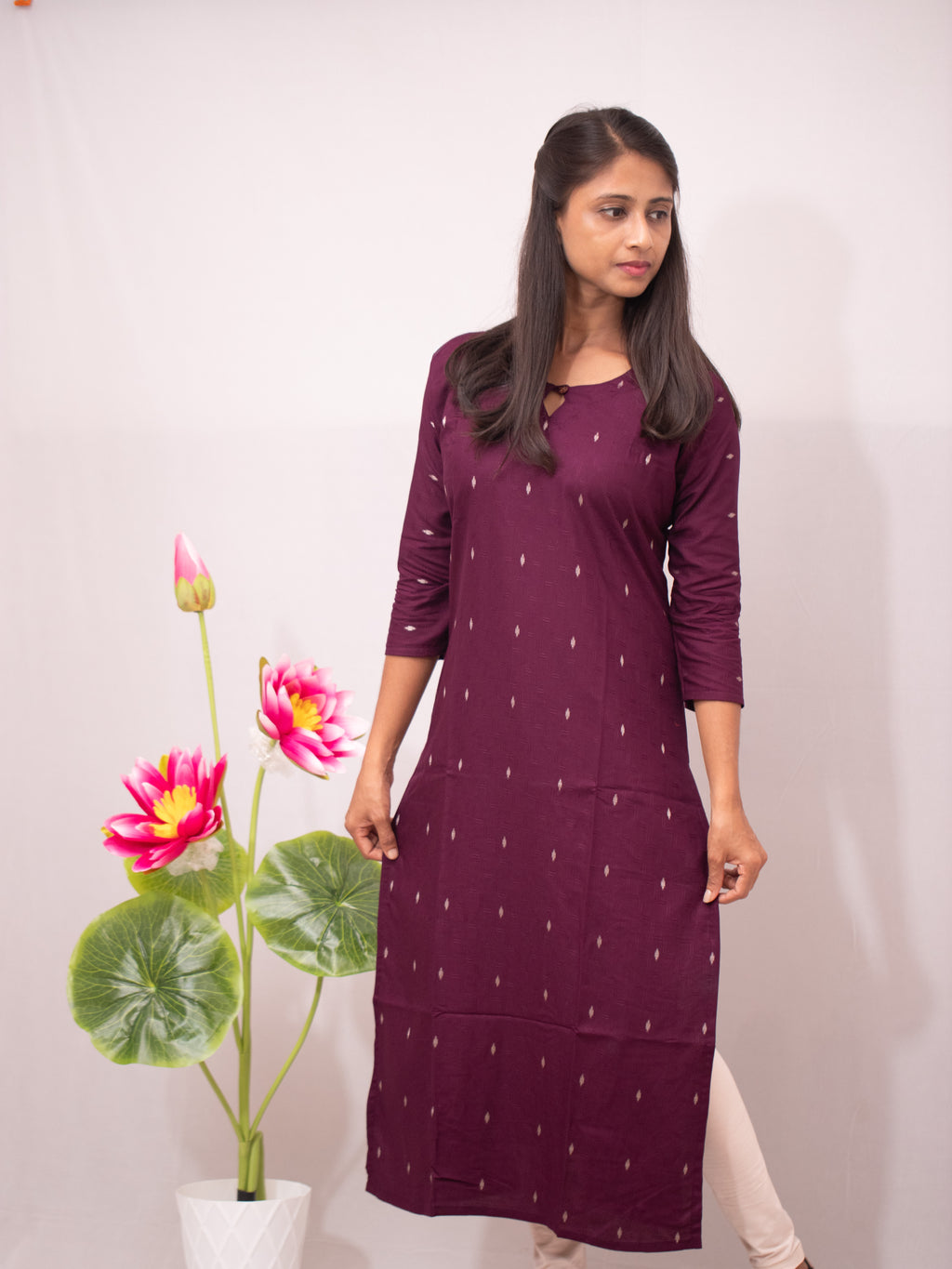 Cotton Slitted Casual with buttas - green and wine shade