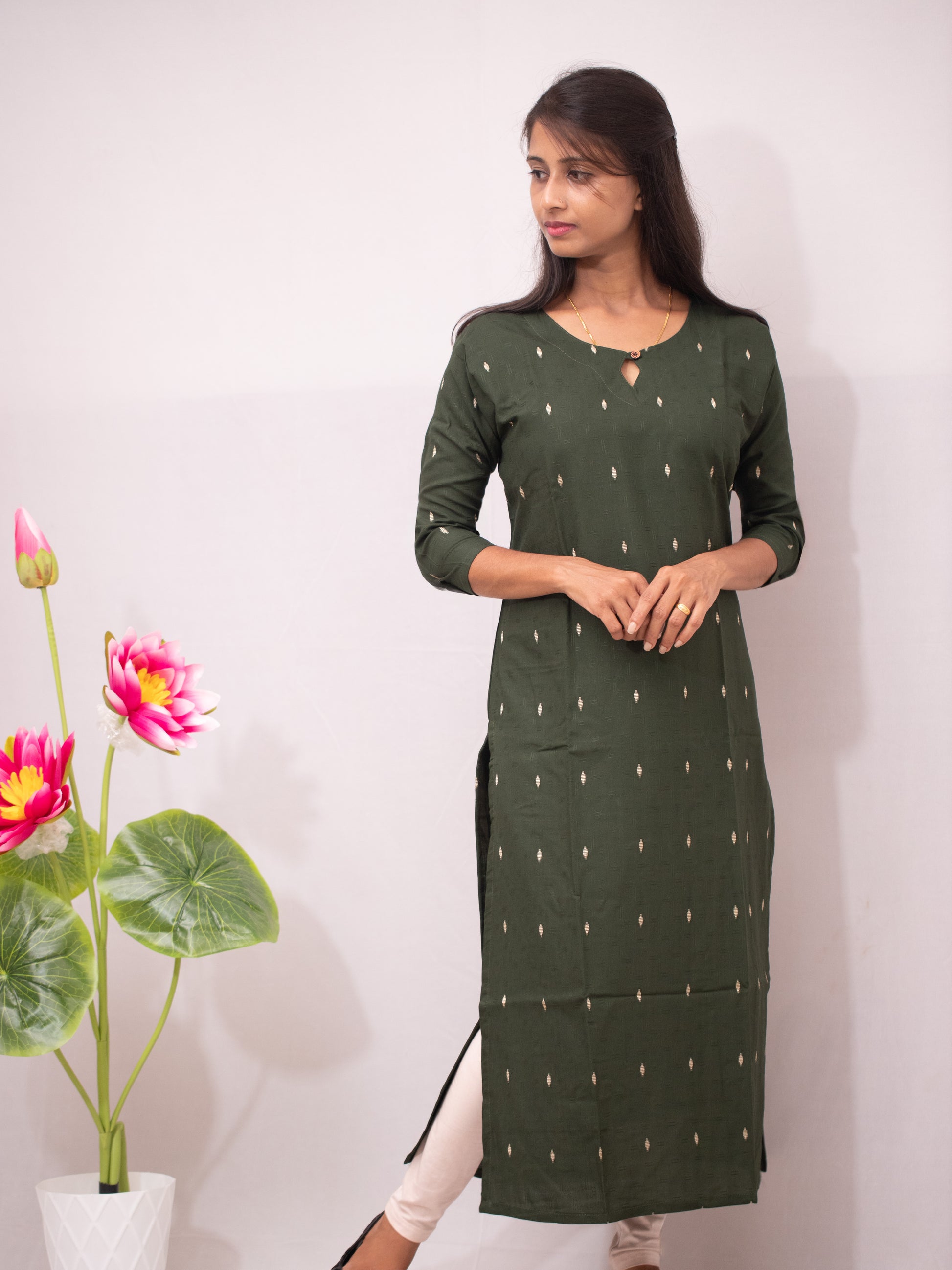 Cotton Slitted Casual with buttas - green and wine shade