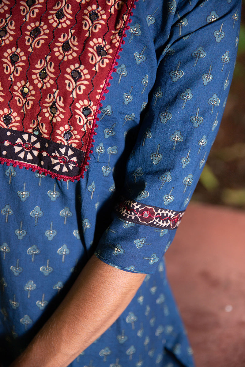 Pure Cotton Block-Printed Short Kurti with Kutchi Work - CLS0086