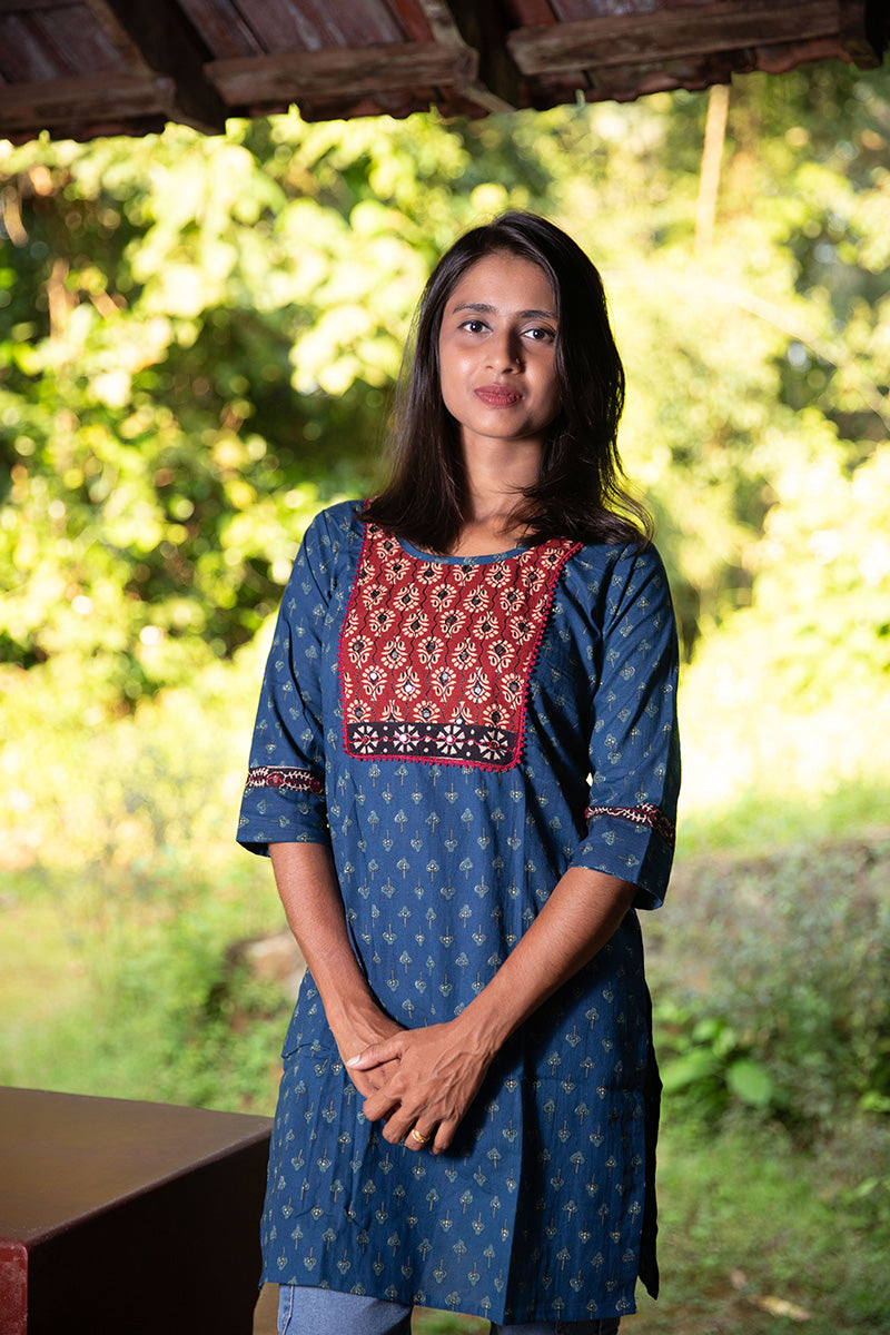 Pure Cotton Block-Printed Short Kurti with Kutchi Work - CLS0086