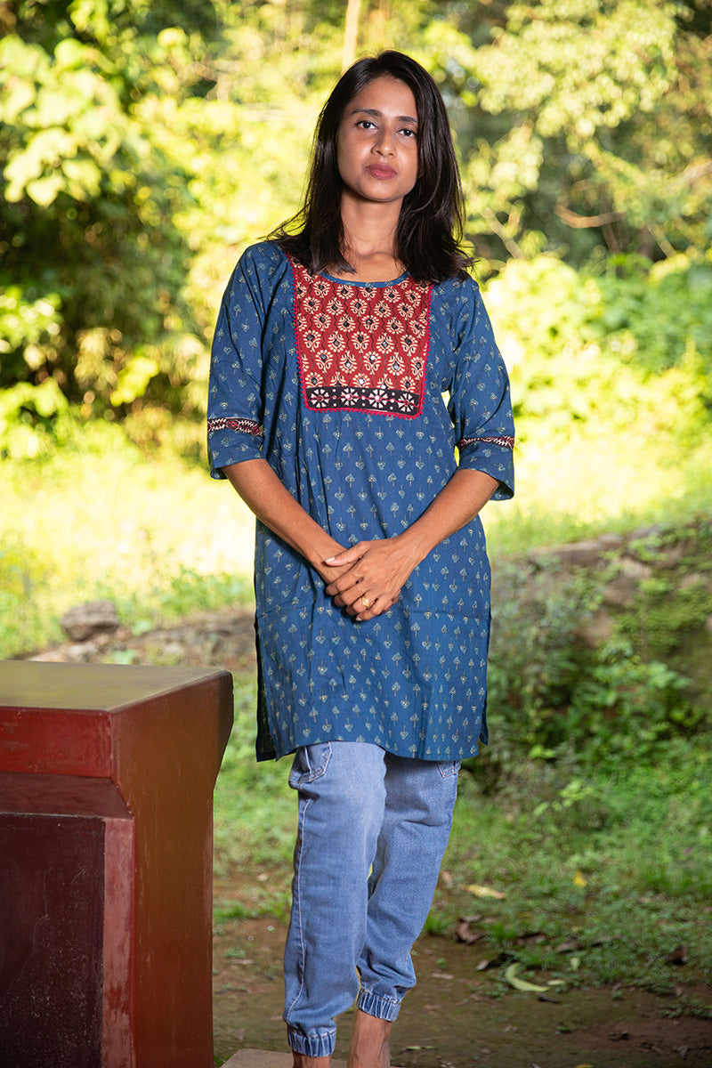 Pure Cotton Block-Printed Short Kurti with Kutchi Work - CLS0086