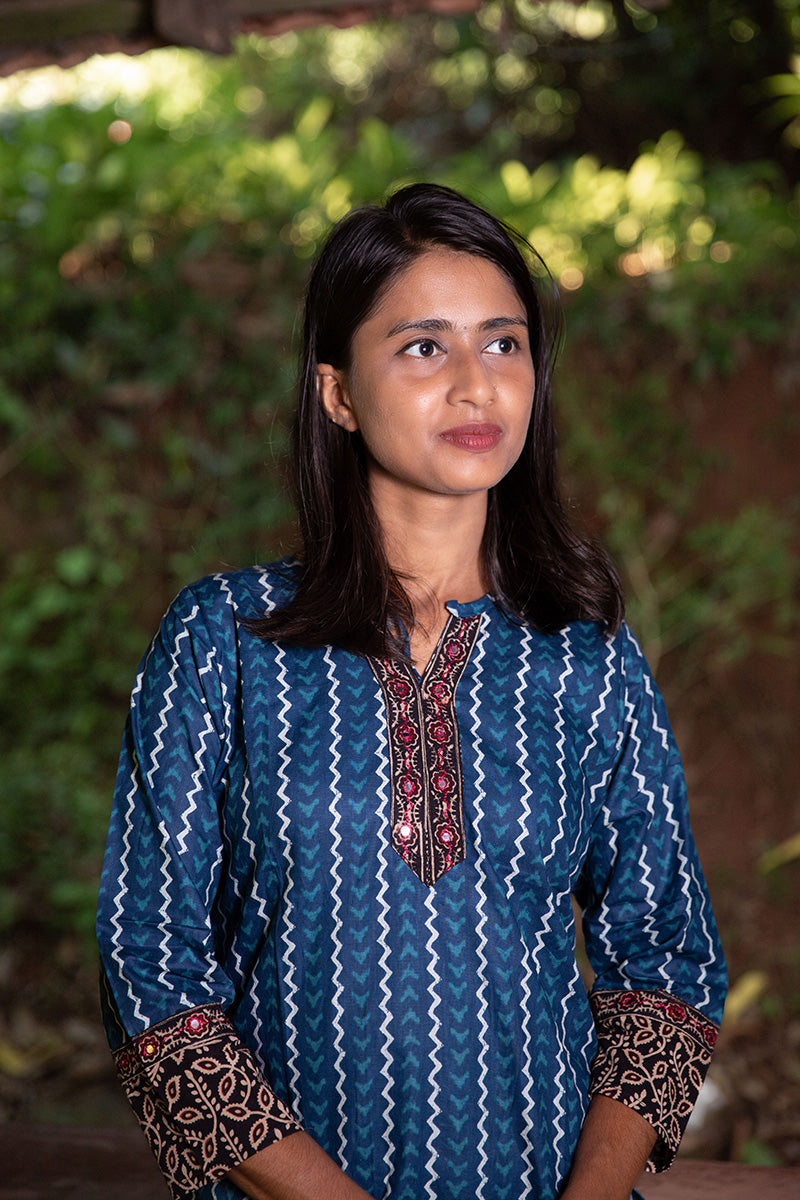 Pure Cotton Block-Printed Short Kurti with Kutchi Work - CLS0086