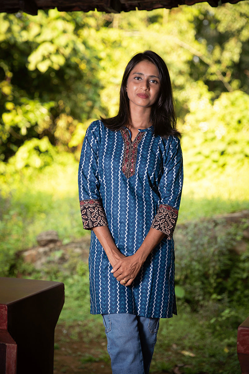 Pure Cotton Block-Printed Short Kurti with Kutchi Work - CLS0086