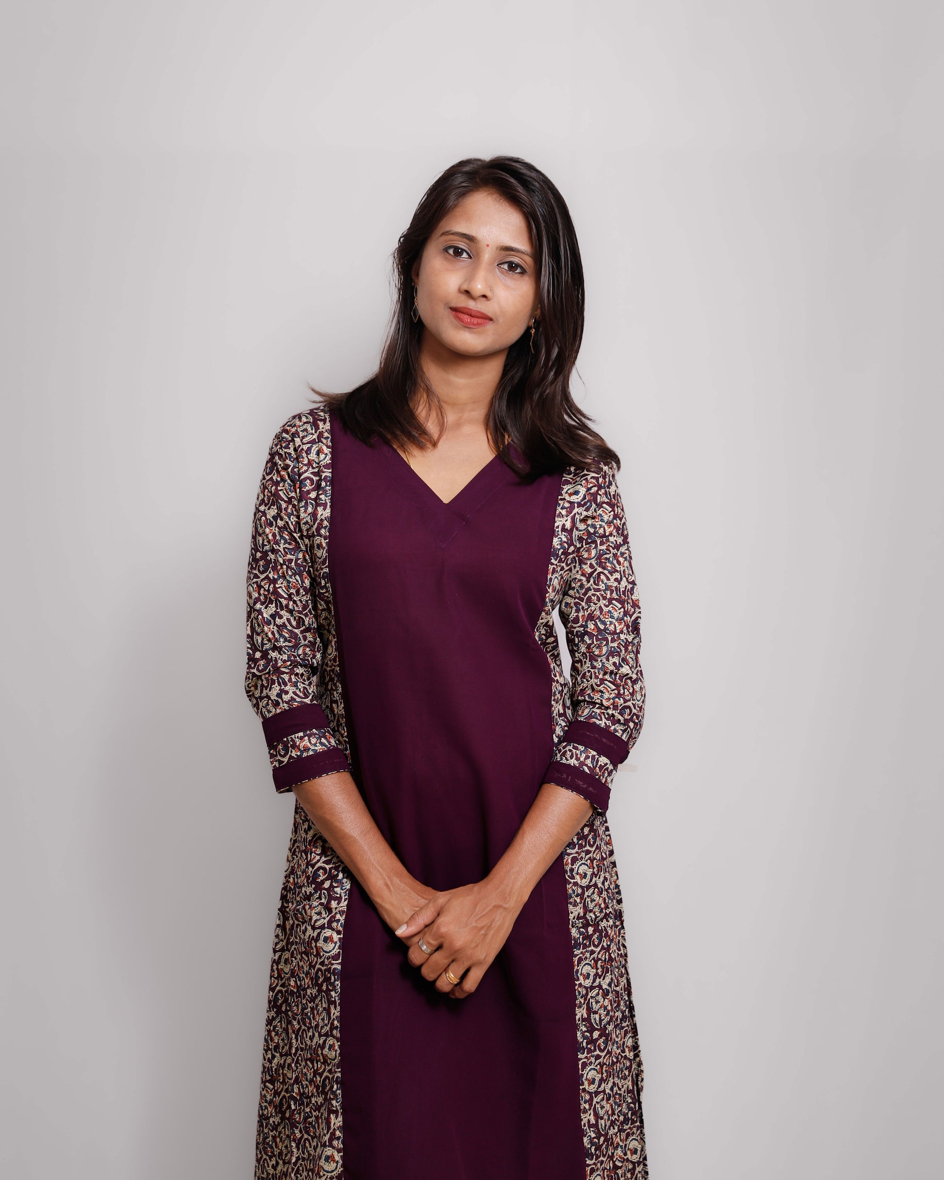 Georgette A-Line Kurti with Cotton Ajrakh Panels