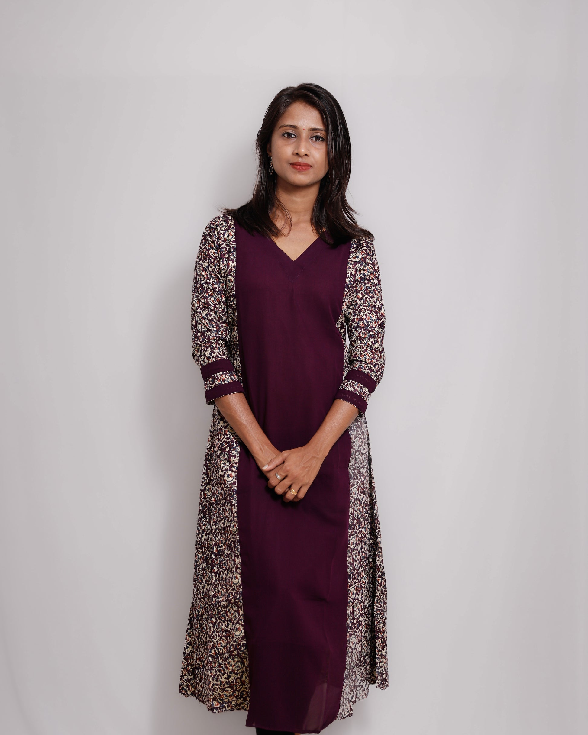 Georgette A-Line Kurti with Cotton Ajrakh Panels