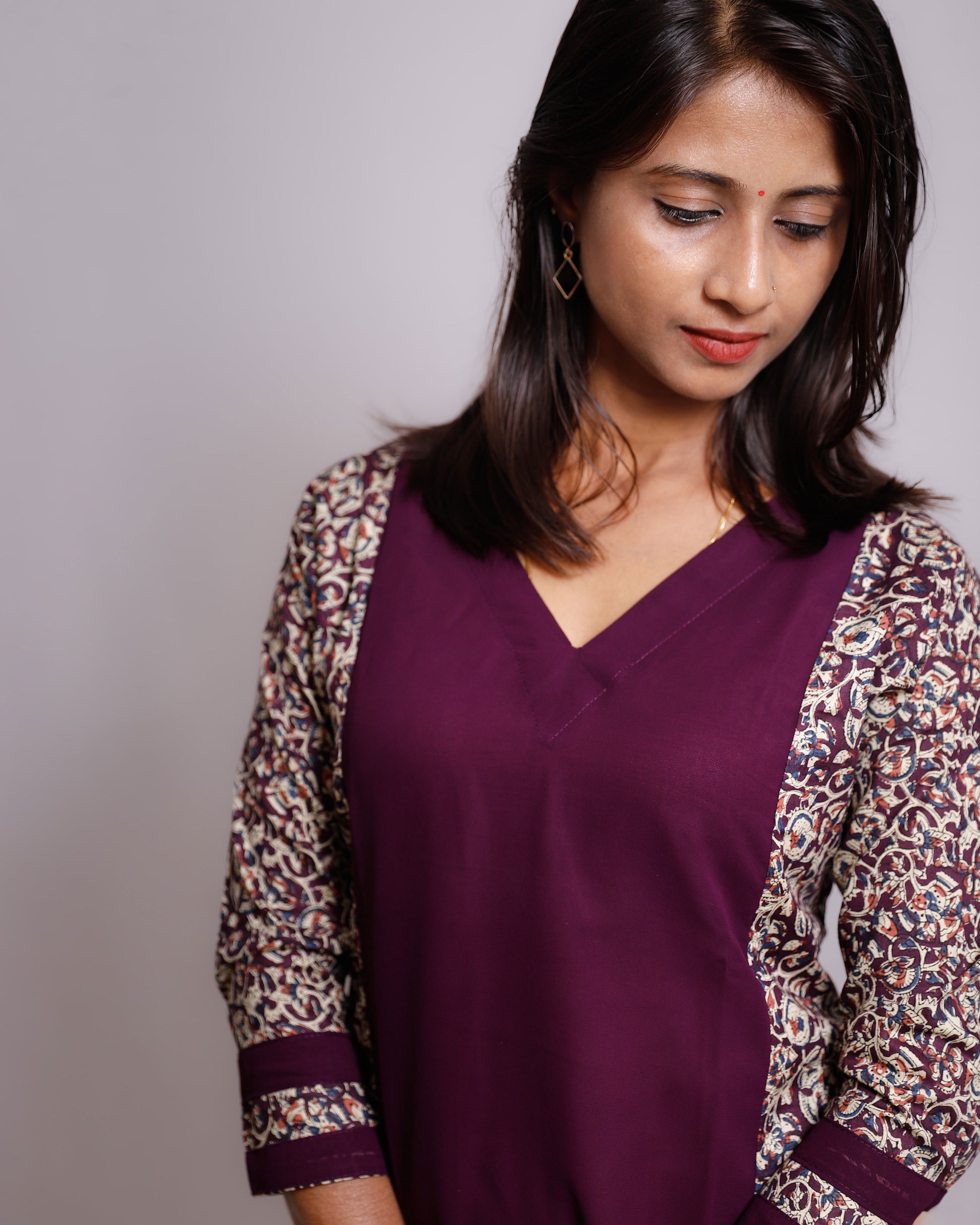 Georgette A-Line Kurti with Cotton Ajrakh Panels
