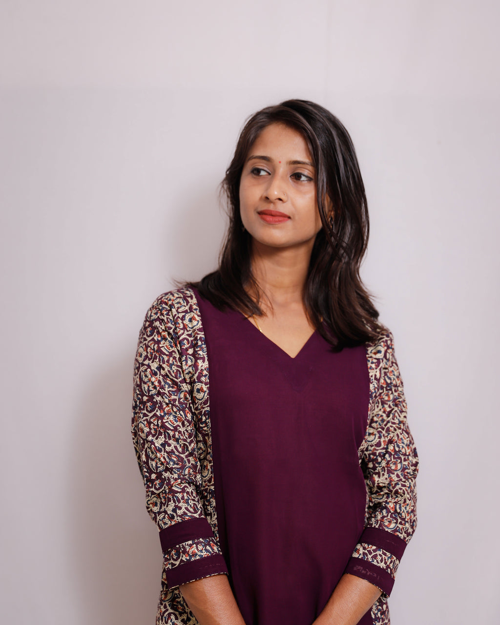 Georgette A-Line Kurti with Cotton Ajrakh Panels