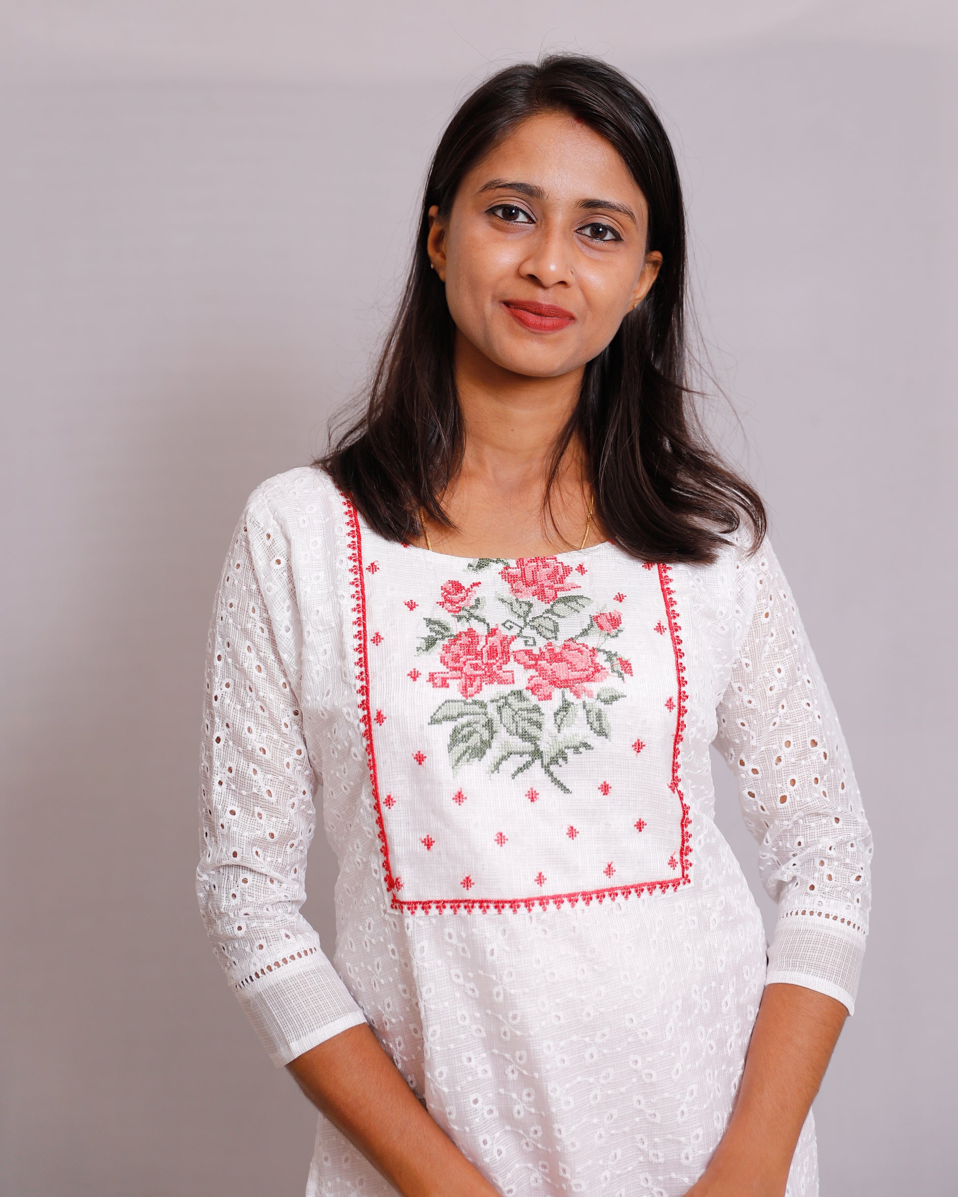 Soft Cotton Hacoba Kurti with Cotton Lining & Cross Embroidery- VR0059