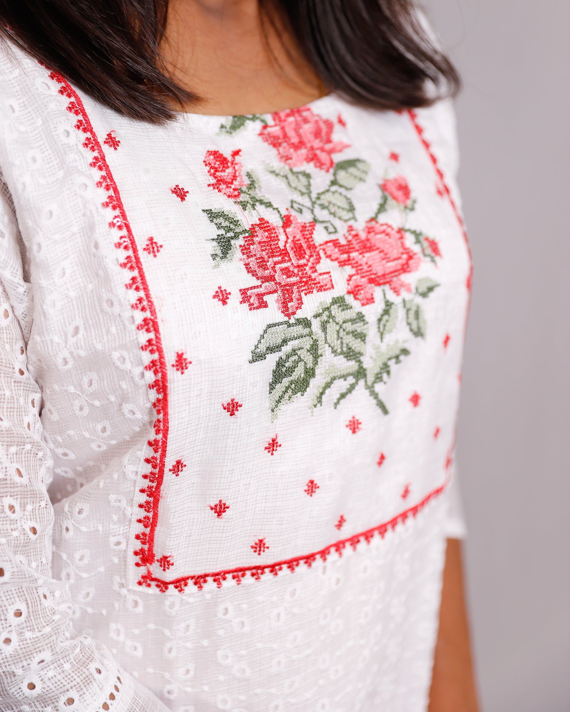 Soft Cotton Hacoba Kurti with Cotton Lining & Cross Embroidery- VR0059