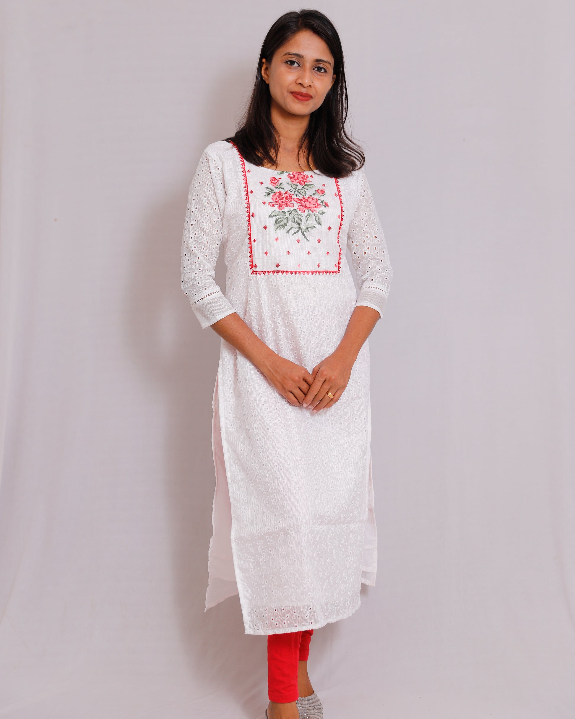 Soft Cotton Hacoba Kurti with Cotton Lining & Cross Embroidery- VR0059