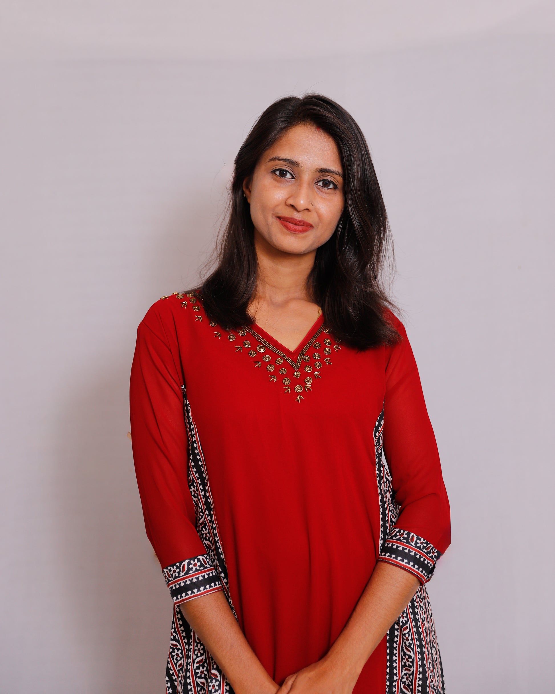 Georgette Handwork Kurti with Ajrakh Side Patch - VR0060