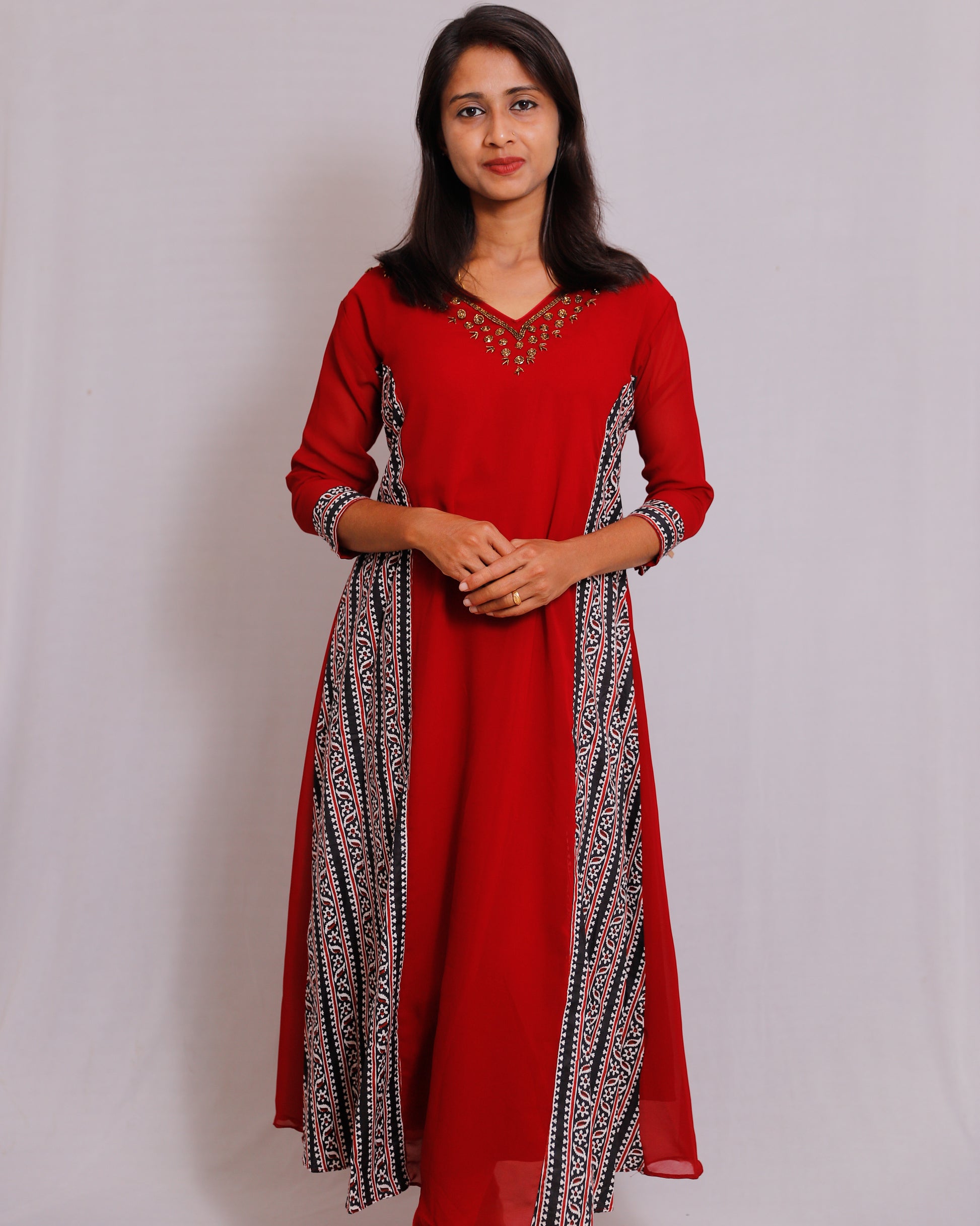 Georgette Handwork Kurti with Ajrakh Side Patch - VR0060