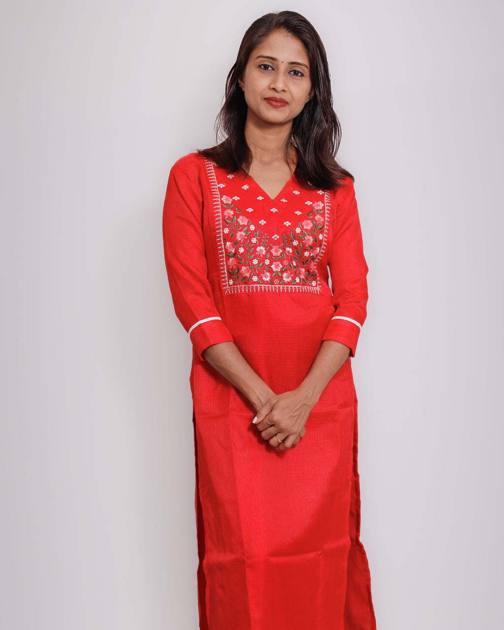 Net Cotta Kurti with Yoke Heavy Embroidery