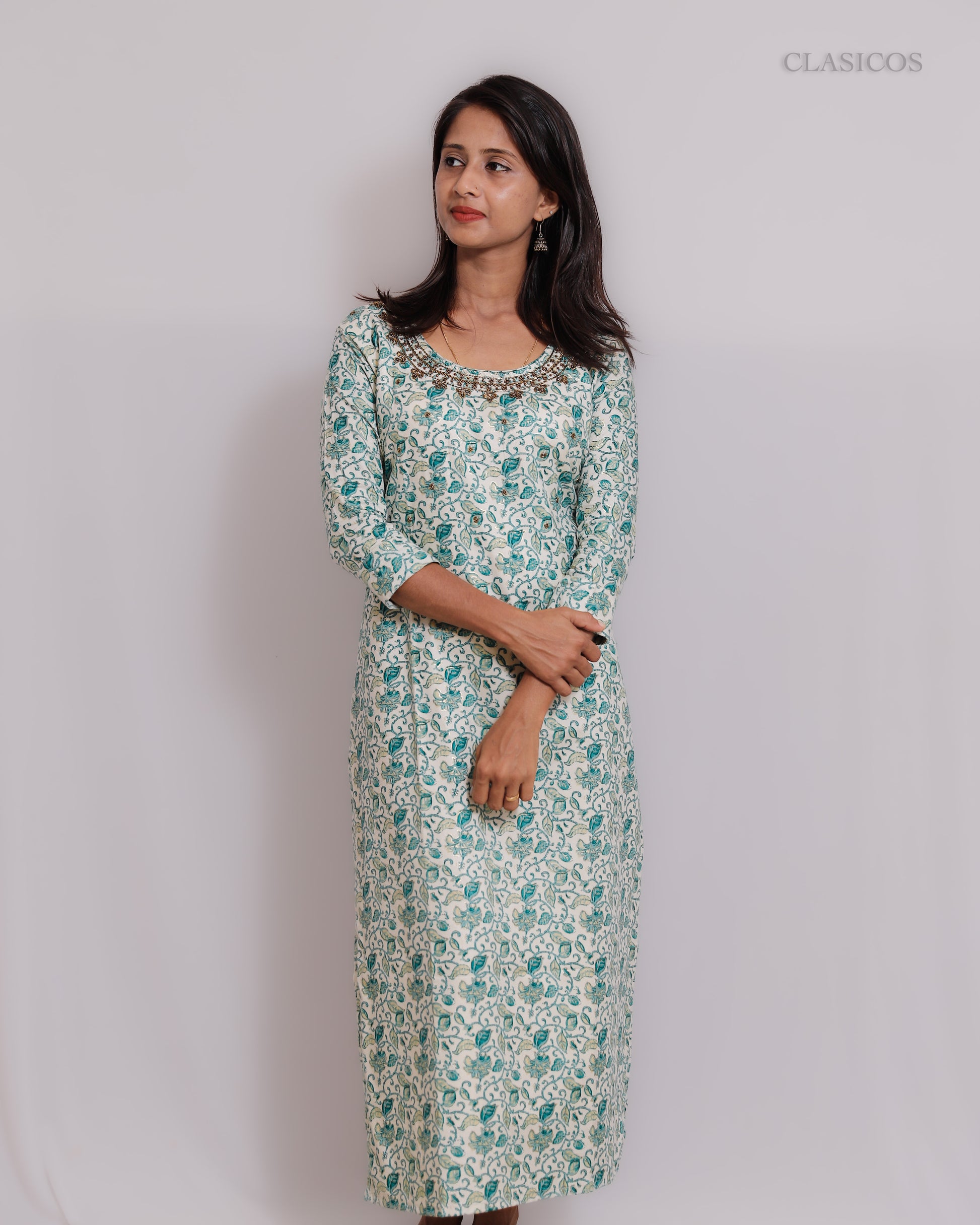 Premium Printed Rayon Kurti for Women – Handwork with Foil Print, Cotton Lining & Slitted Style  - VR0067