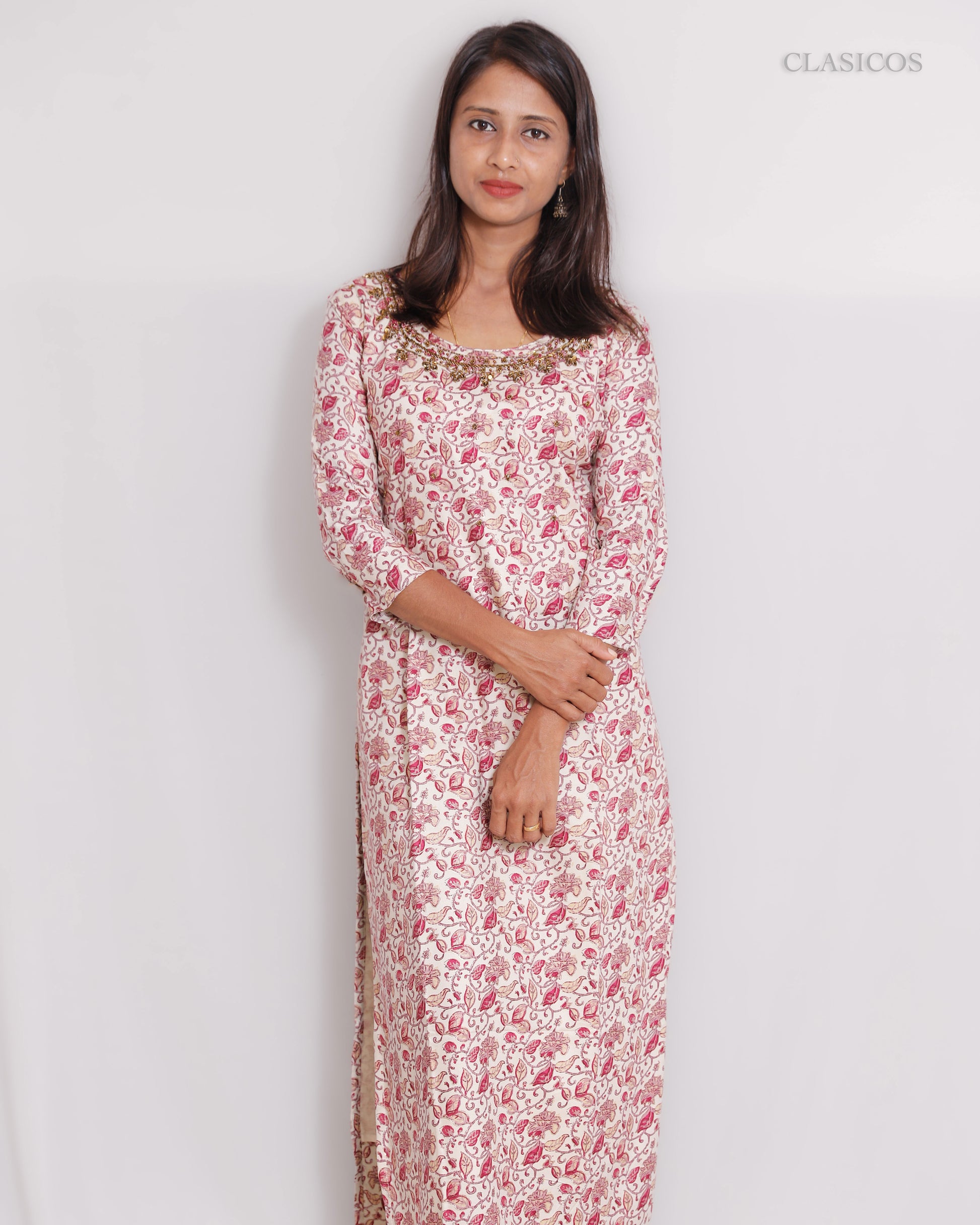 Premium Printed Rayon Kurti for Women – Handwork with Foil Print, Cotton Lining & Slitted Style  - VR0067