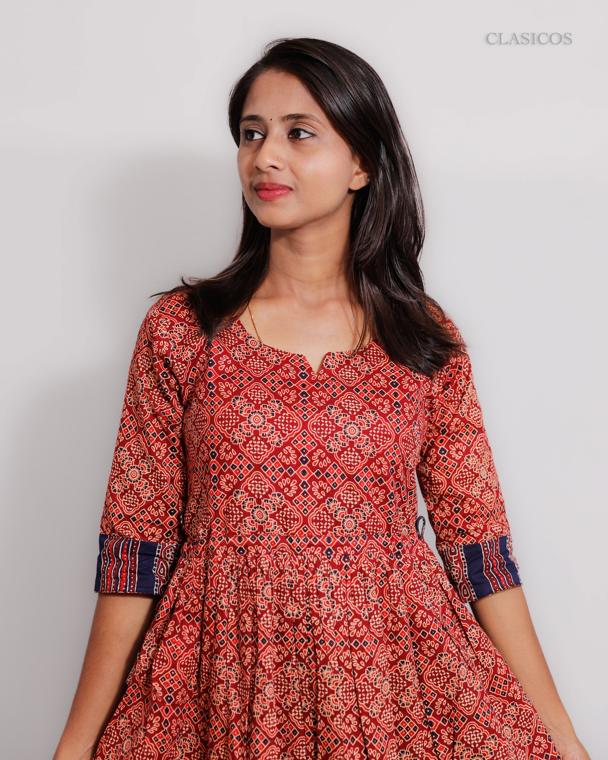 Cotton Ajrakh Print Dress for Women – Elegant Handblock Design with Cotton Lining - VR0070