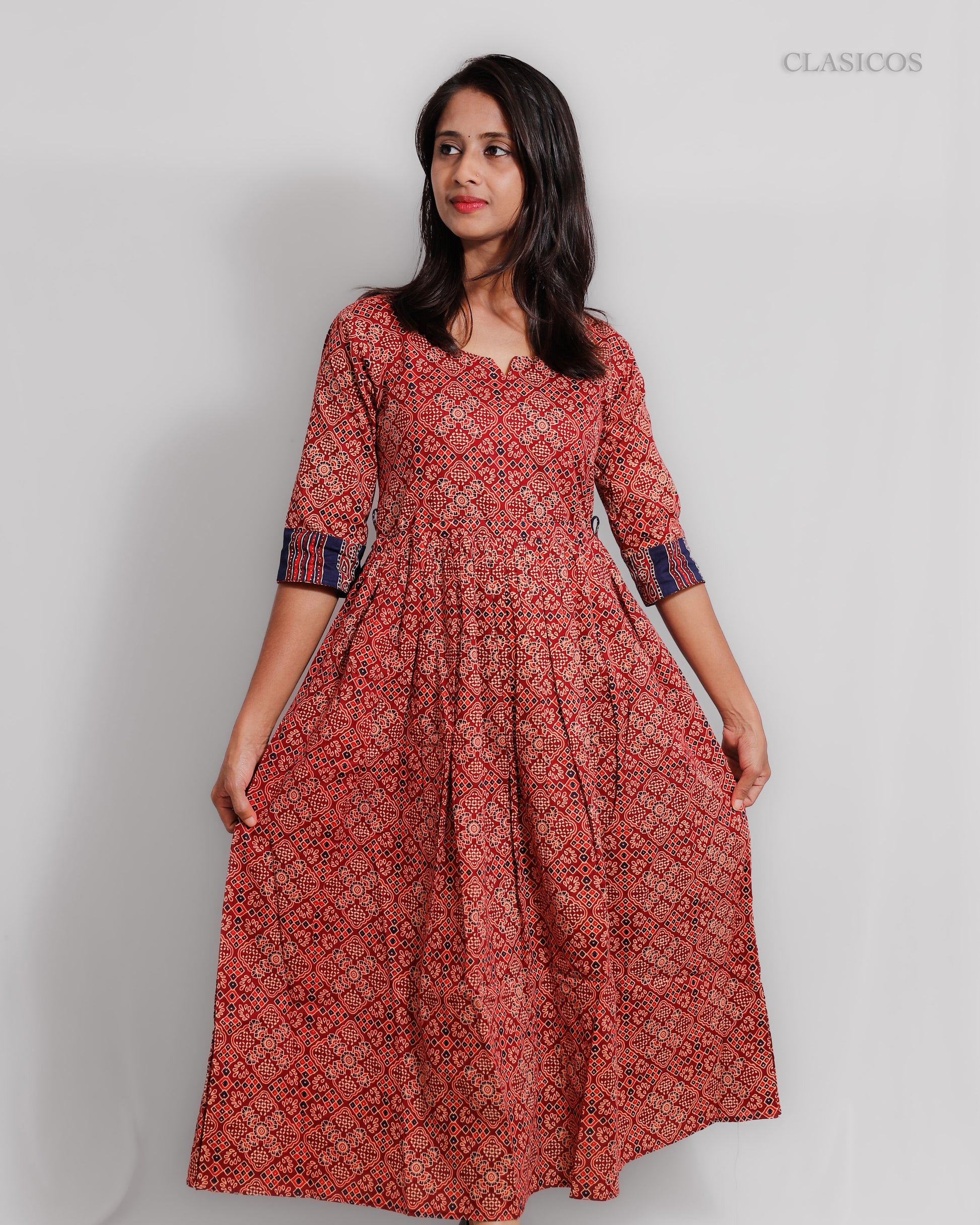 Cotton Ajrakh Print Dress for Women – Elegant Handblock Design with Cotton Lining - VR0070