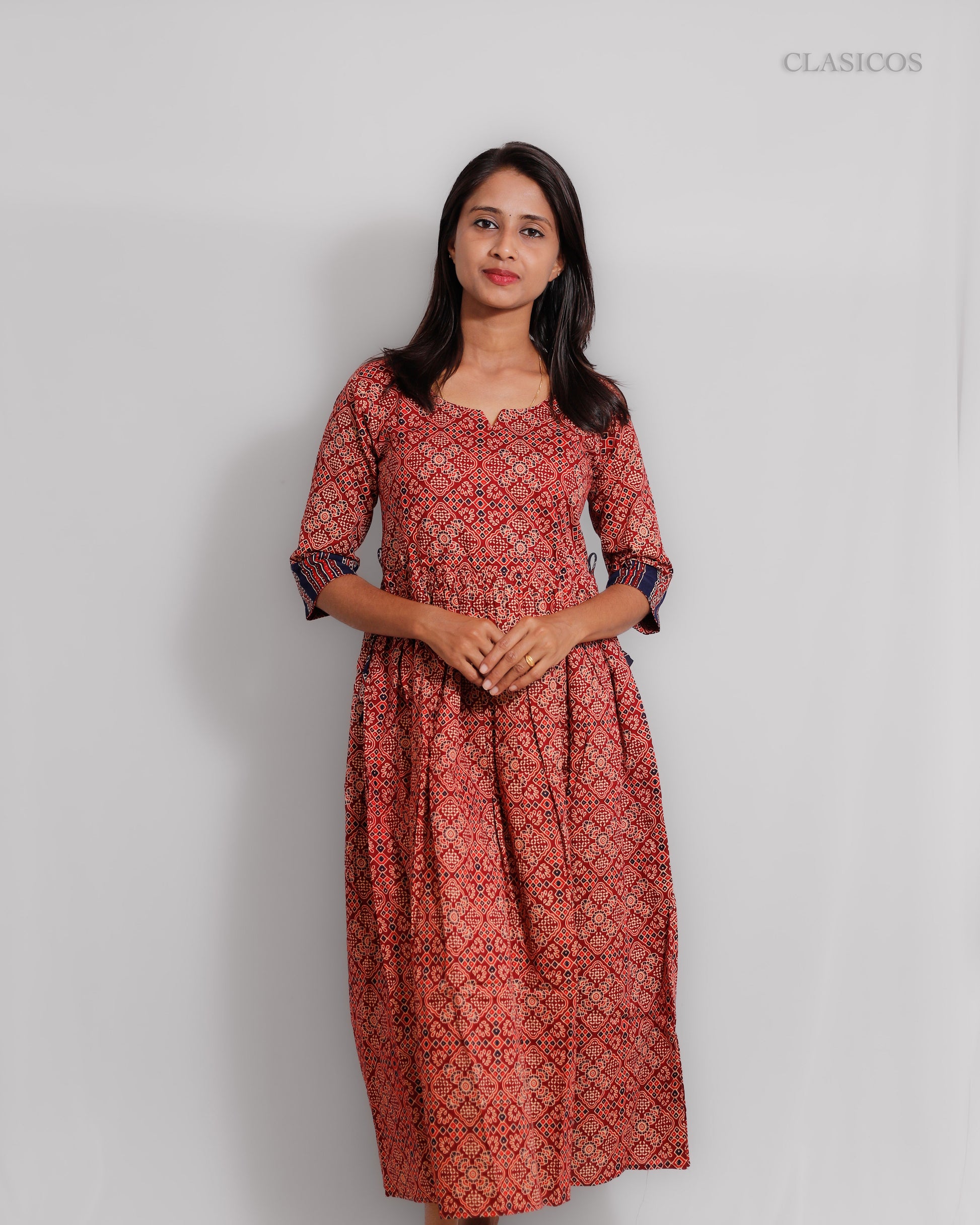 Cotton Ajrakh Print Dress for Women – Elegant Handblock Design with Cotton Lining - VR0070