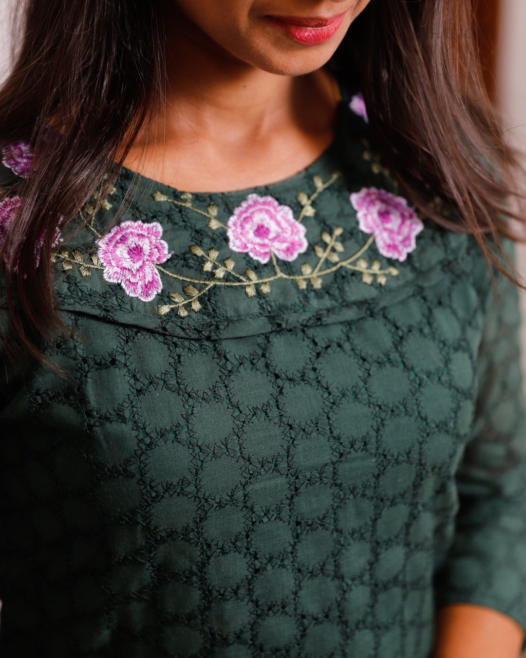 Cotton Hakoba Embroidered Kurti for Women – Elegant Slitted Style with Soft Detailing - CLS0106