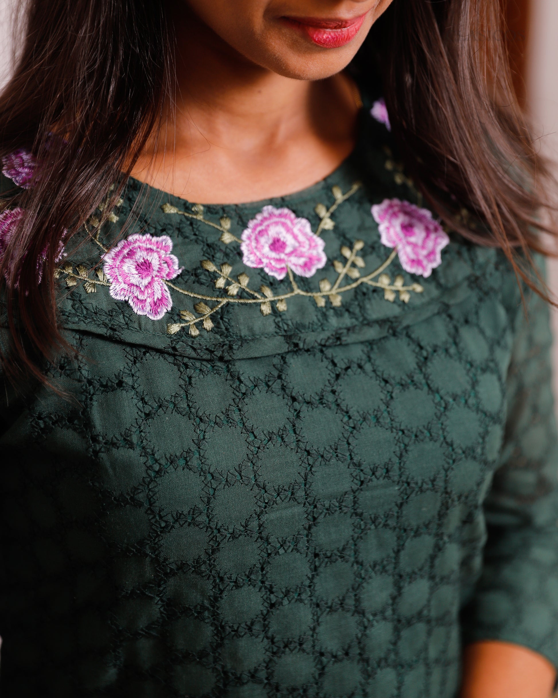 Cotton Hakoba Embroidered Kurti for Women – Elegant Slitted Style with Soft Detailing - CLS0106