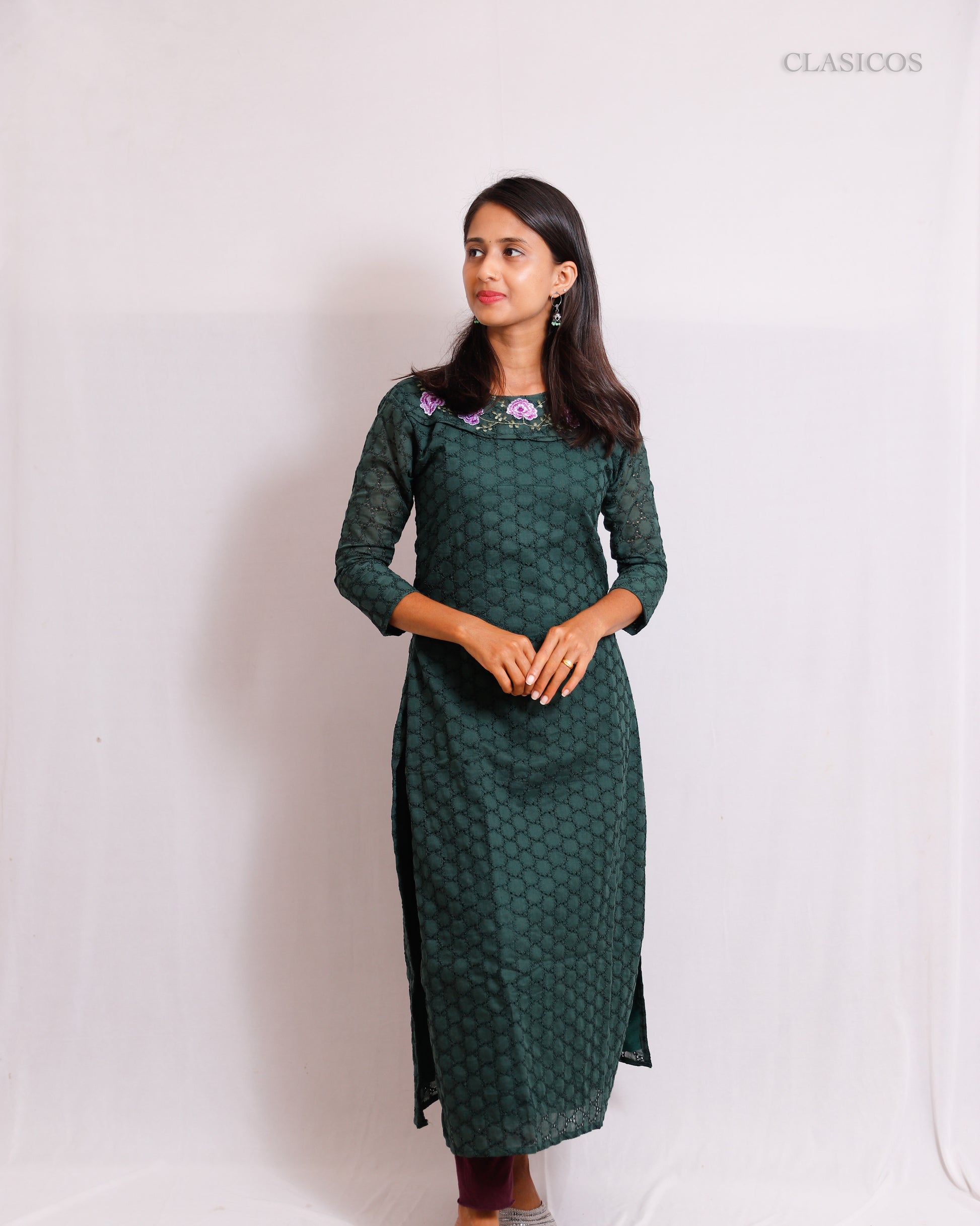 Cotton Hakoba Embroidered Kurti for Women – Elegant Slitted Style with Soft Detailing - CLS0106