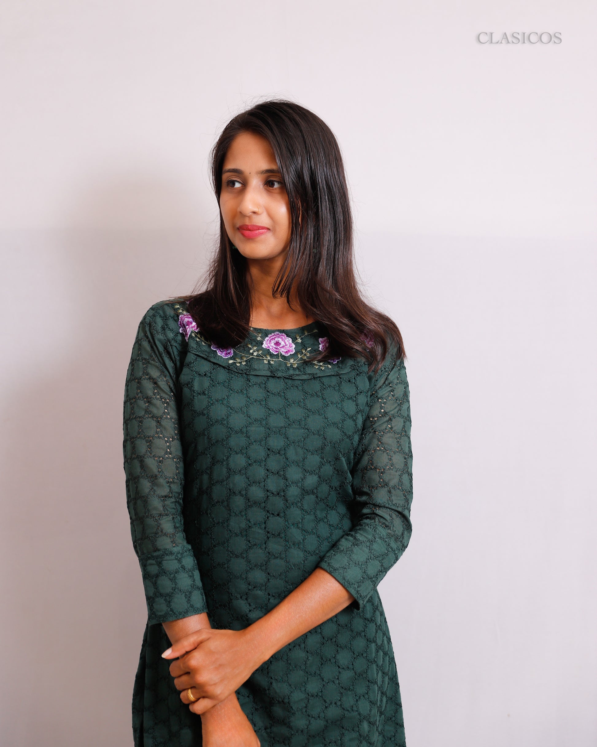 Cotton Hakoba Embroidered Kurti for Women – Elegant Slitted Style with Soft Detailing - CLS0106