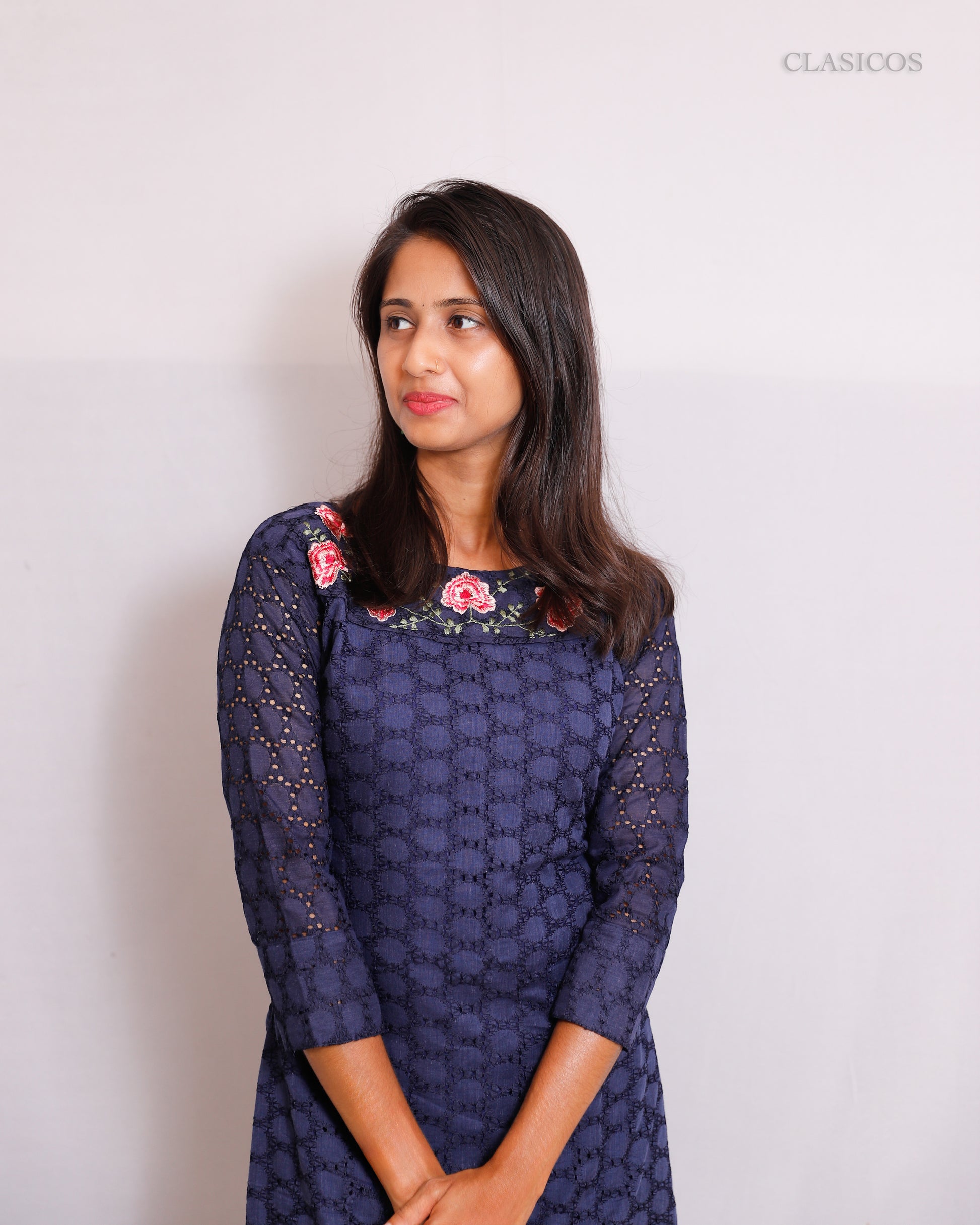 Cotton Hakoba Embroidered Kurti for Women – Elegant Slitted Style with Soft Detailing - CLS0106