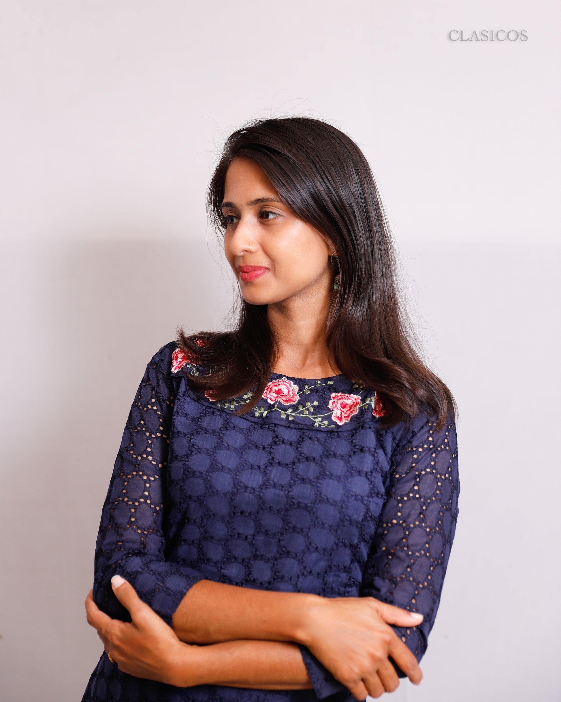 Cotton Hakoba Embroidered Kurti for Women – Elegant Slitted Style with Soft Detailing - CLS0106