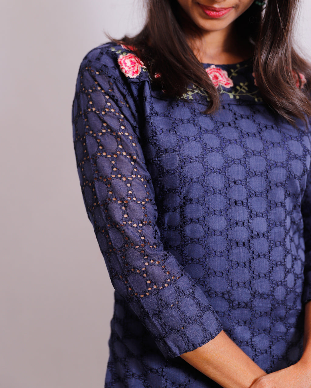 Cotton Hakoba Embroidered Kurti for Women – Elegant Slitted Style with Soft Detailing - CLS0106