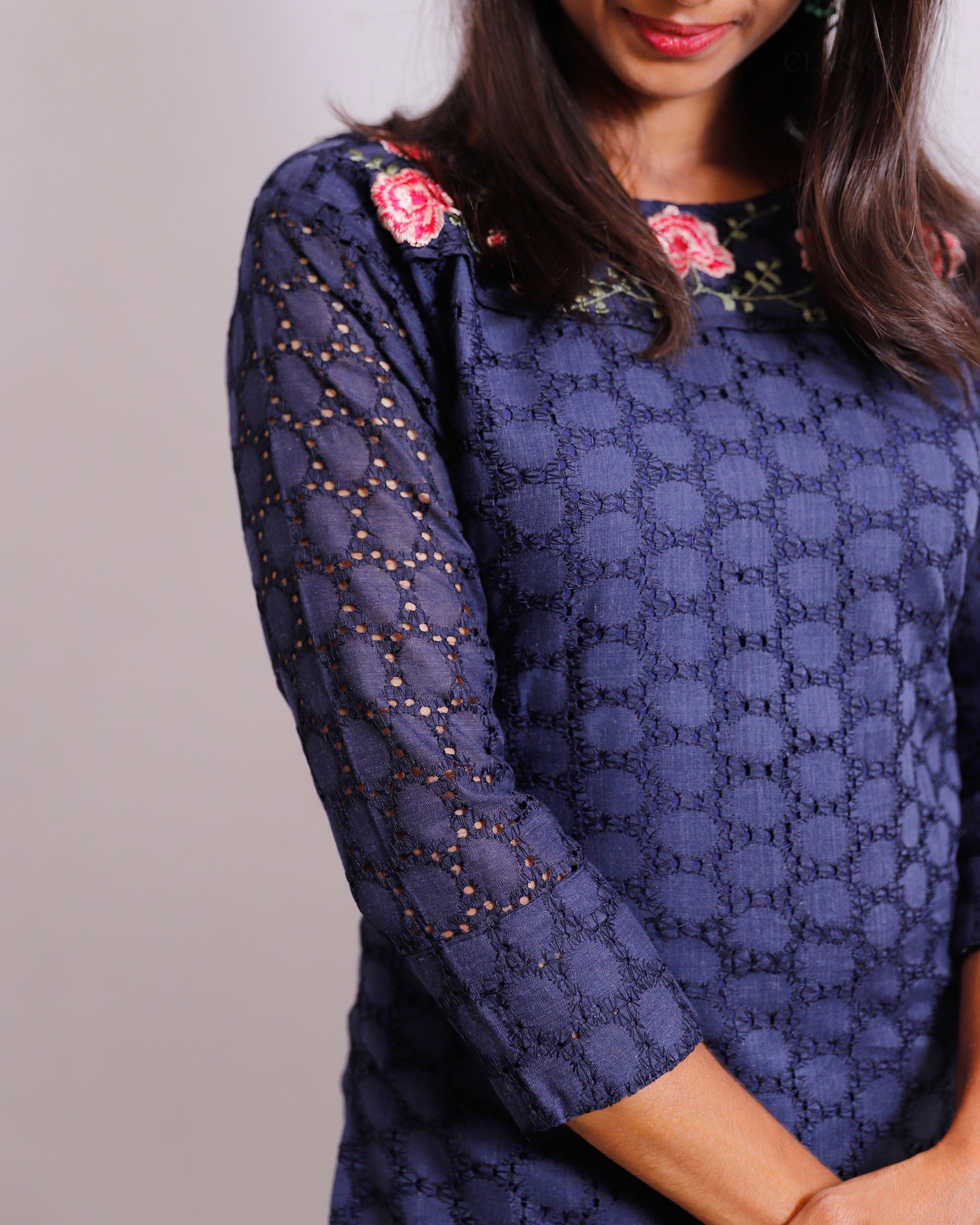 Cotton Hakoba Embroidered Kurti for Women – Elegant Slitted Style with Soft Detailing - CLS0106