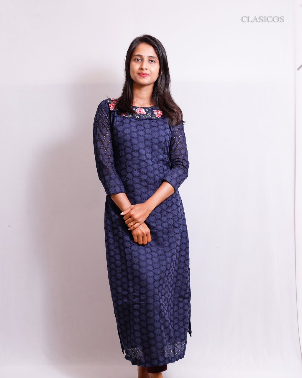 Cotton Hakoba Embroidered Kurti for Women – Elegant Slitted Style with Soft Detailing - CLS0106