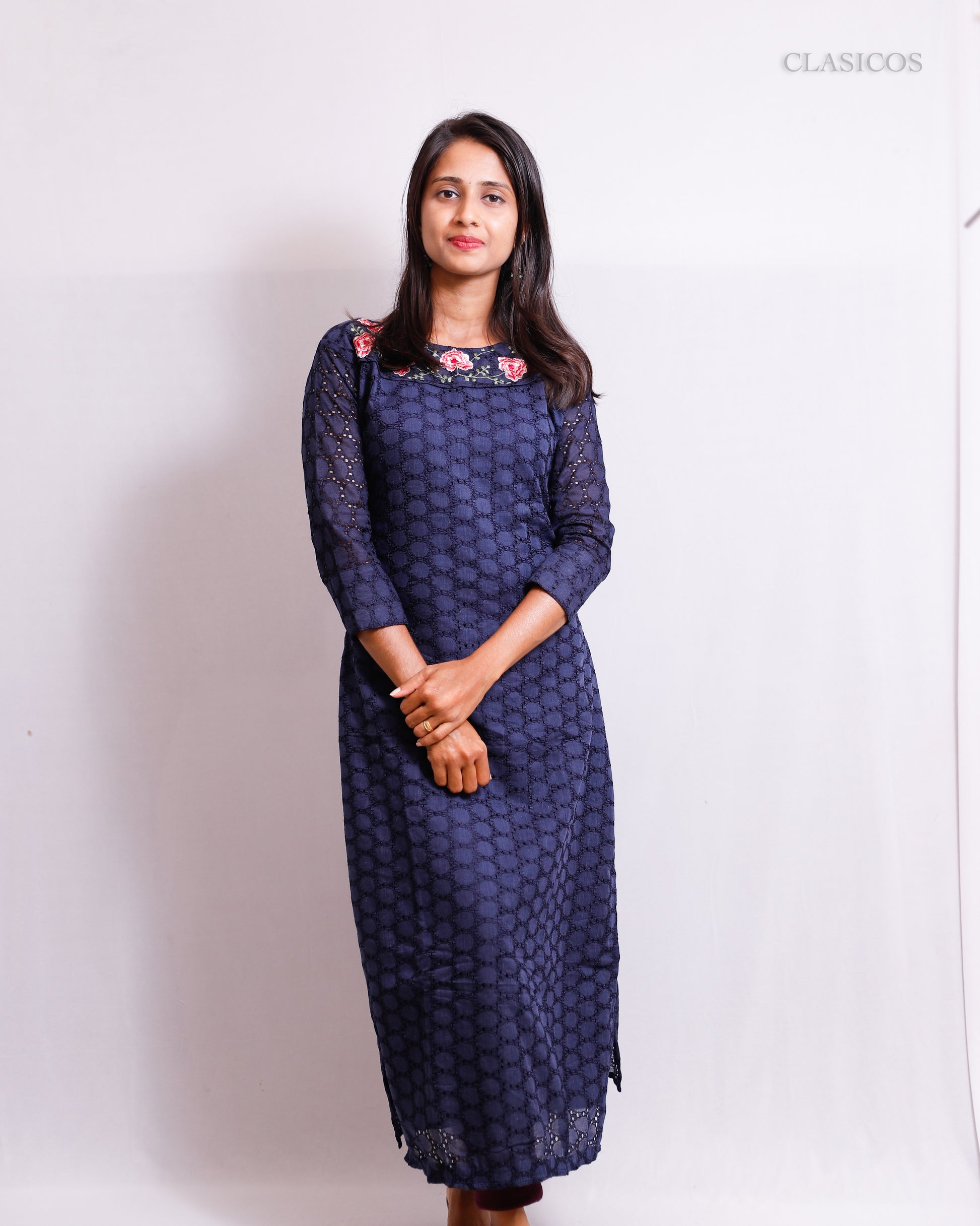 Cotton Hakoba Embroidered Kurti for Women – Elegant Slitted Style with Soft Detailing - CLS0106