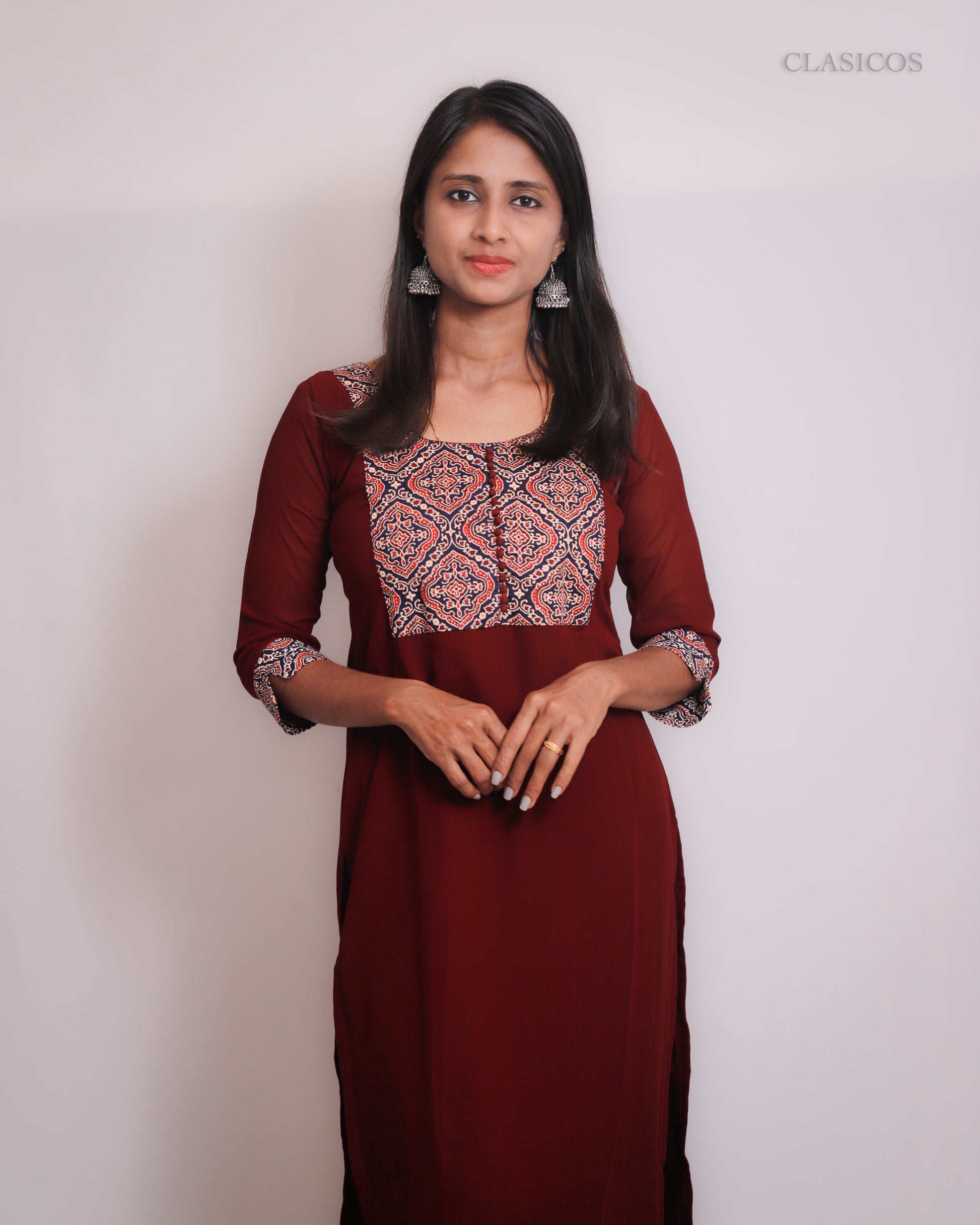 Women's Georgette Kurti with Pure Cotton Ajrakh Patch - CLS0111