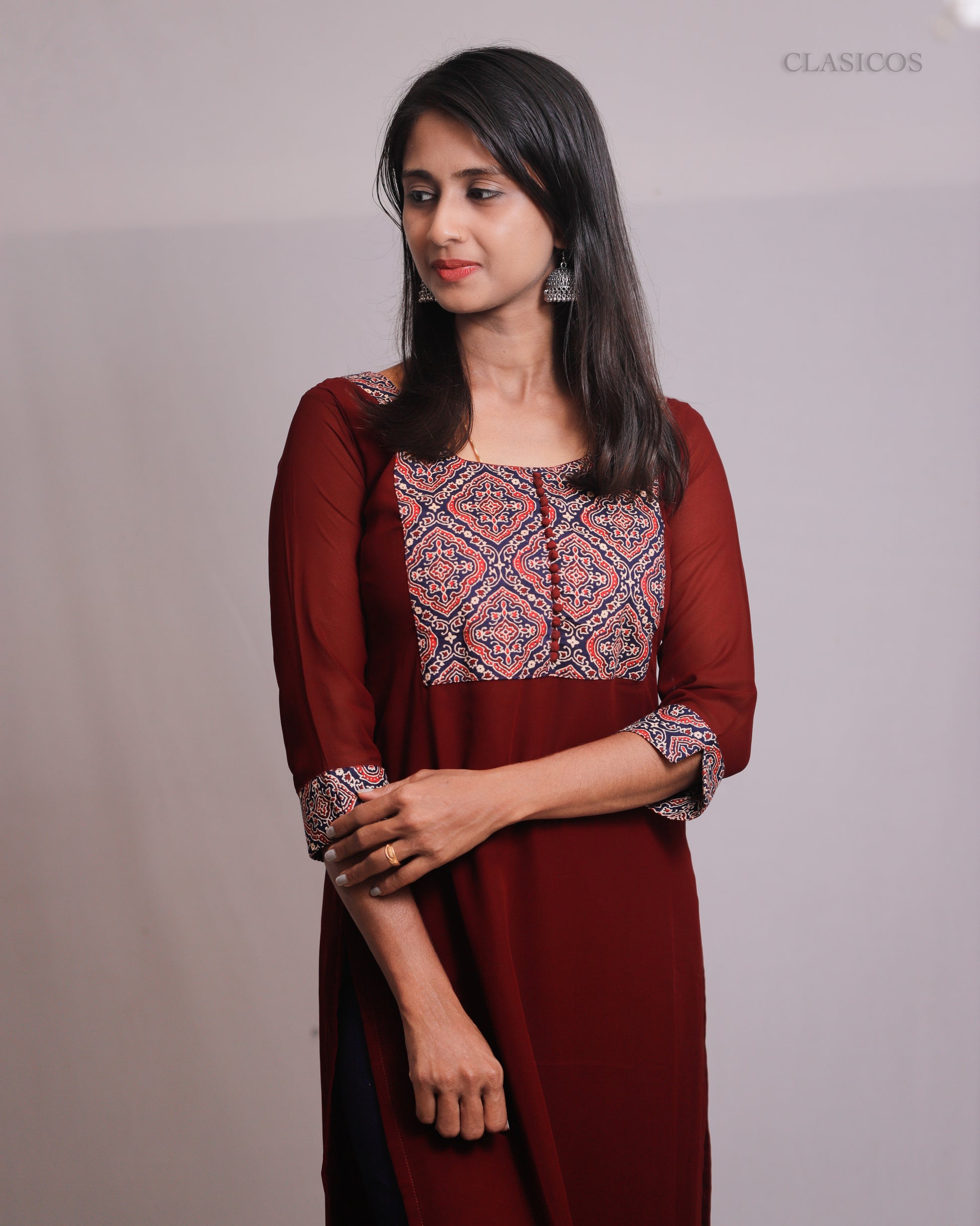 Women's Georgette Kurti with Pure Cotton Ajrakh Patch - CLS0111