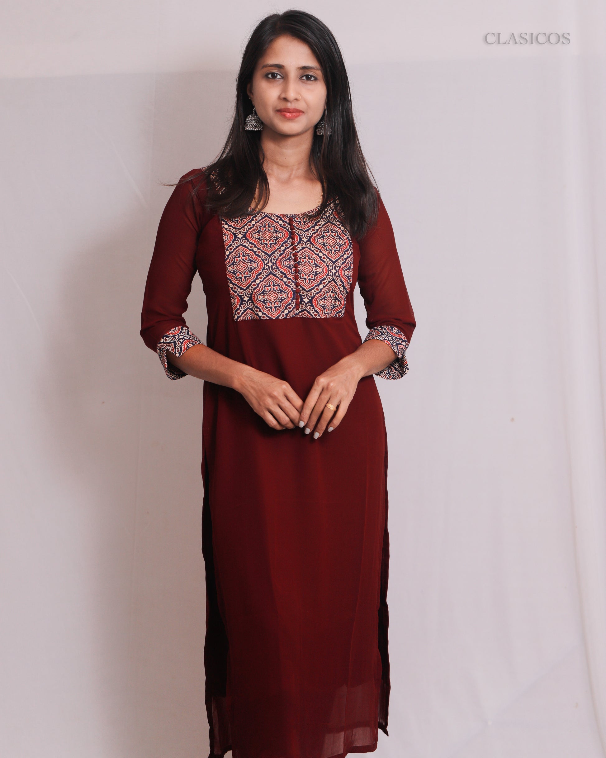 Women's Georgette Kurti with Pure Cotton Ajrakh Patch - CLS0111